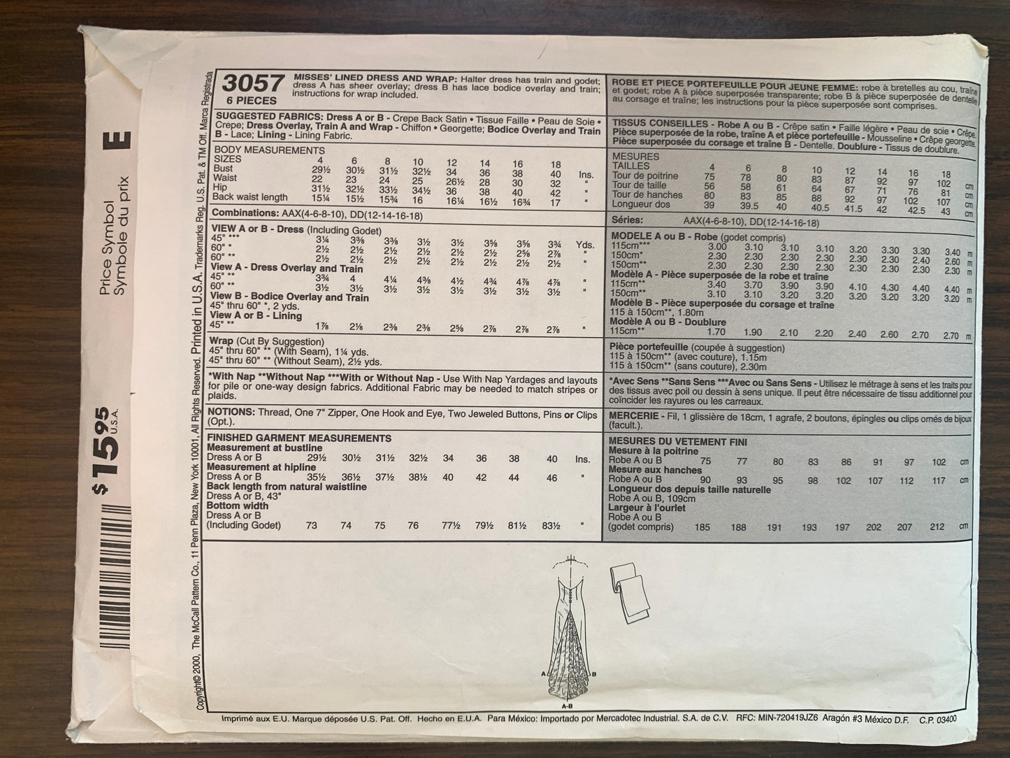 McCall's Sewing Pattern 3057 Misses' Lined Dress, Wrap, Floor Length, Evening Gown, Train, Size 12-18, Cut, 2000