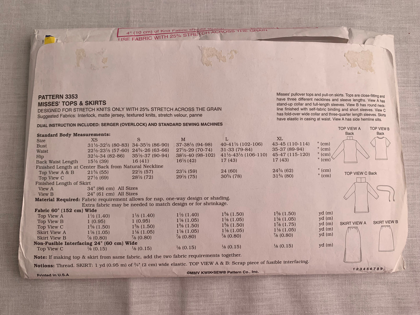KWIK Sewing Pattern 3353 Misses' Skirt, Top, Long/Short Sleeves, Side Slits, Pullover, Elastic Waist,  Size XS-S, Cut, 2005