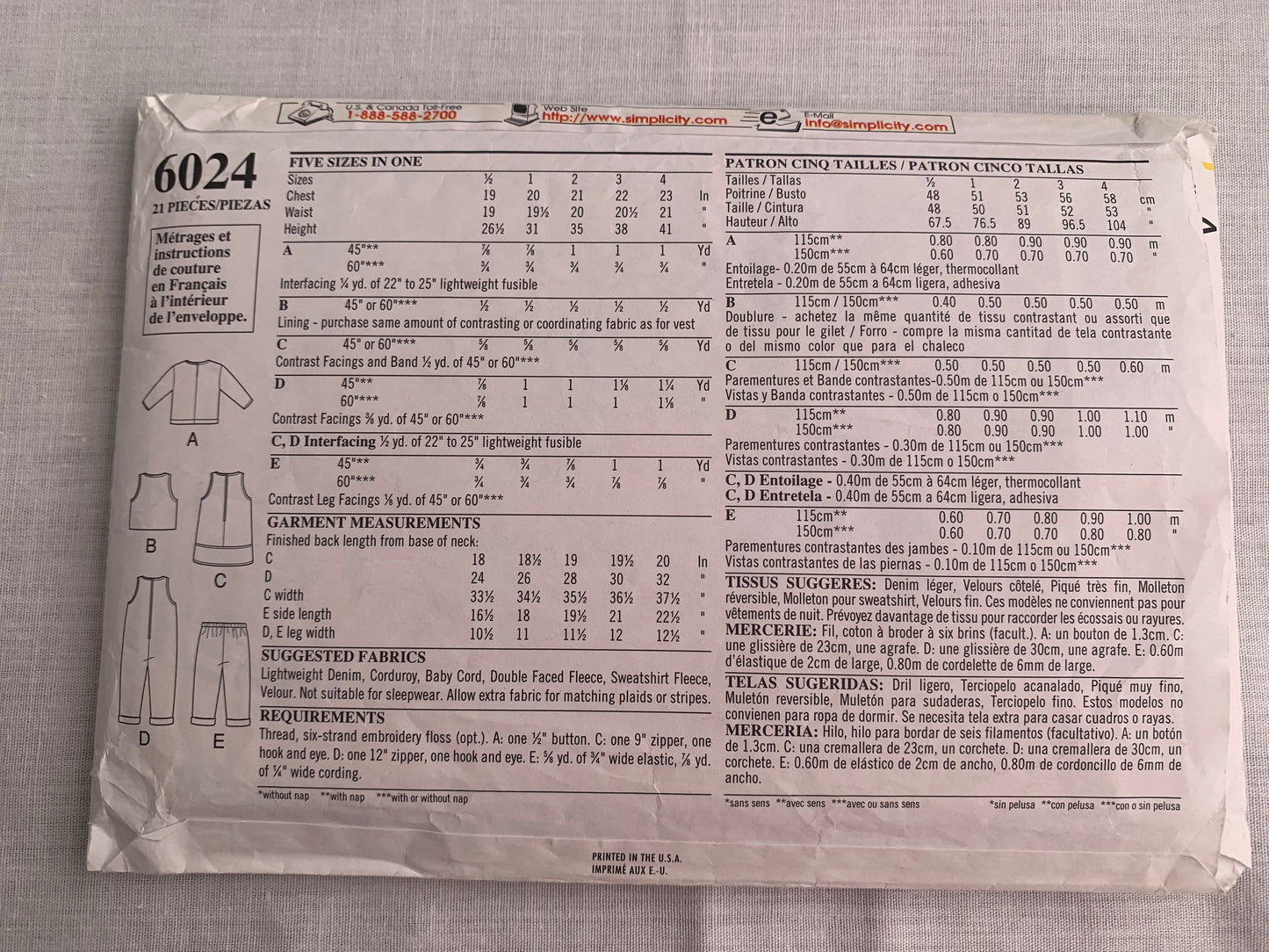 Simplicity New Look Sewing Pattern 6024 Children's/Boy's/Girls' Top, Vest, Pants, Overall, Zipper Front, Elastic Waist, Pockets, Size 1/2-4, Cut, Vintage 1990