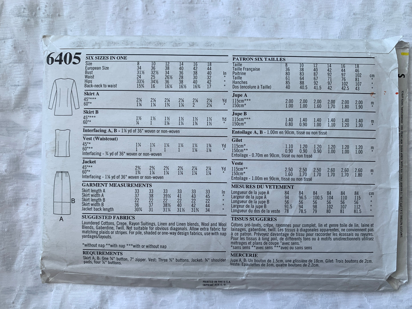 Simplicity New Look Sewing Pattern 6405 Misses' Jacket, Vest, Two Lengths Skirt, Long Sleeves, Sleeveless, Size 8-18, Uncut, Vintage 1995
