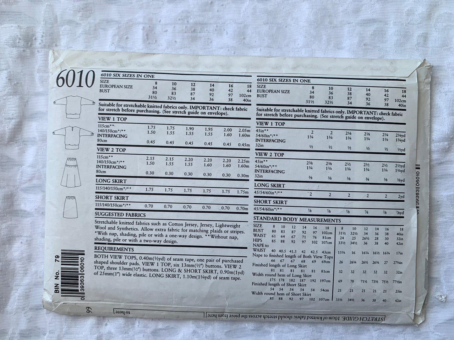 Simplicity New Look Sewing Pattern 6010 Misses' Top, Skirt, Long Sleeves, Elastic Waist, Two Lengths, Size 8-18, Uncut, Vintage 1999