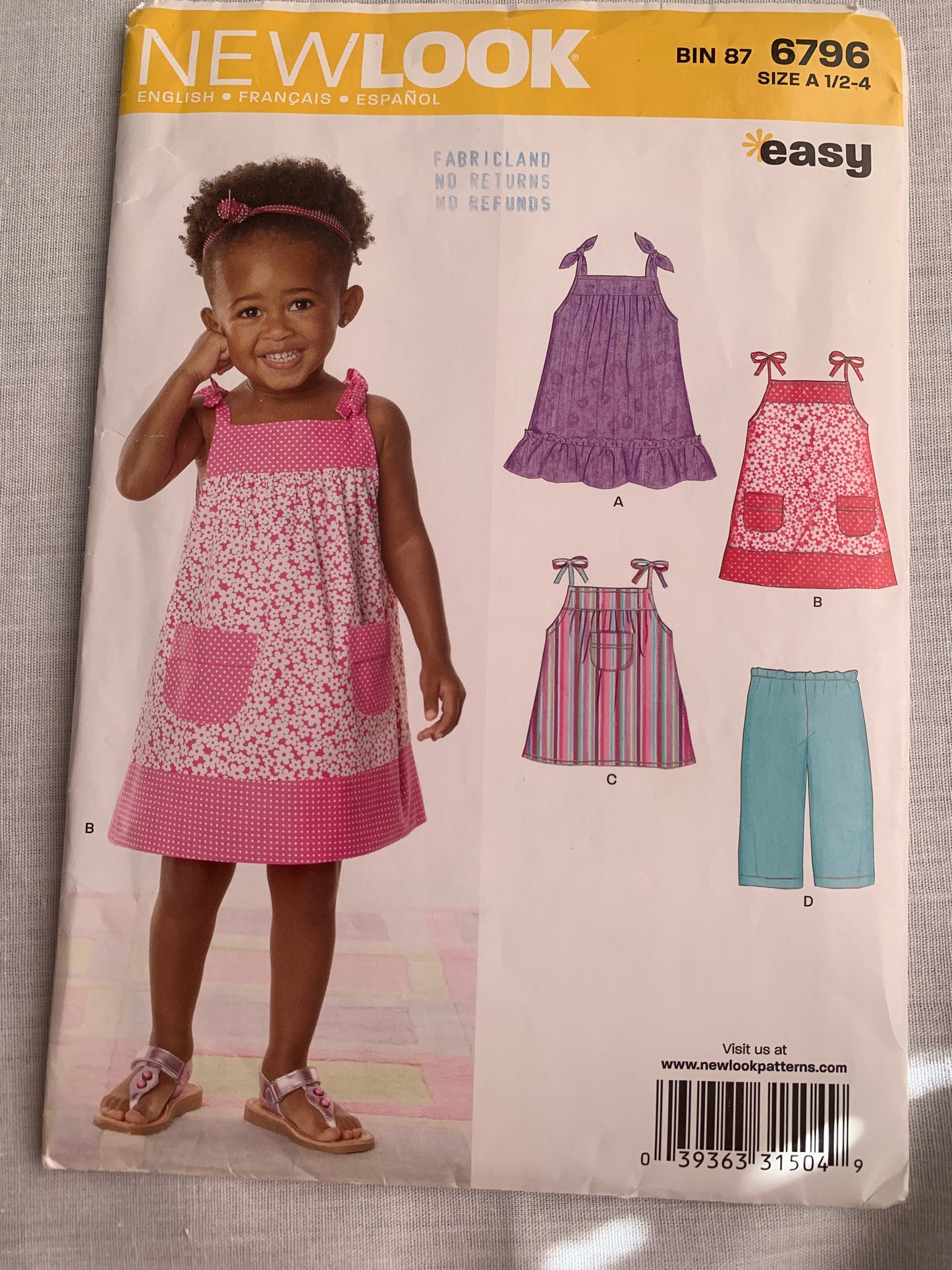 Simplicity New Look Sewing Pattern 6796 Girls'/Toddlers' Dresses, Pants, Sleeveless, Pullover, Below Knee Length, Ruffles, Elastic Waist, Size 1/2-4, Cut, 2008