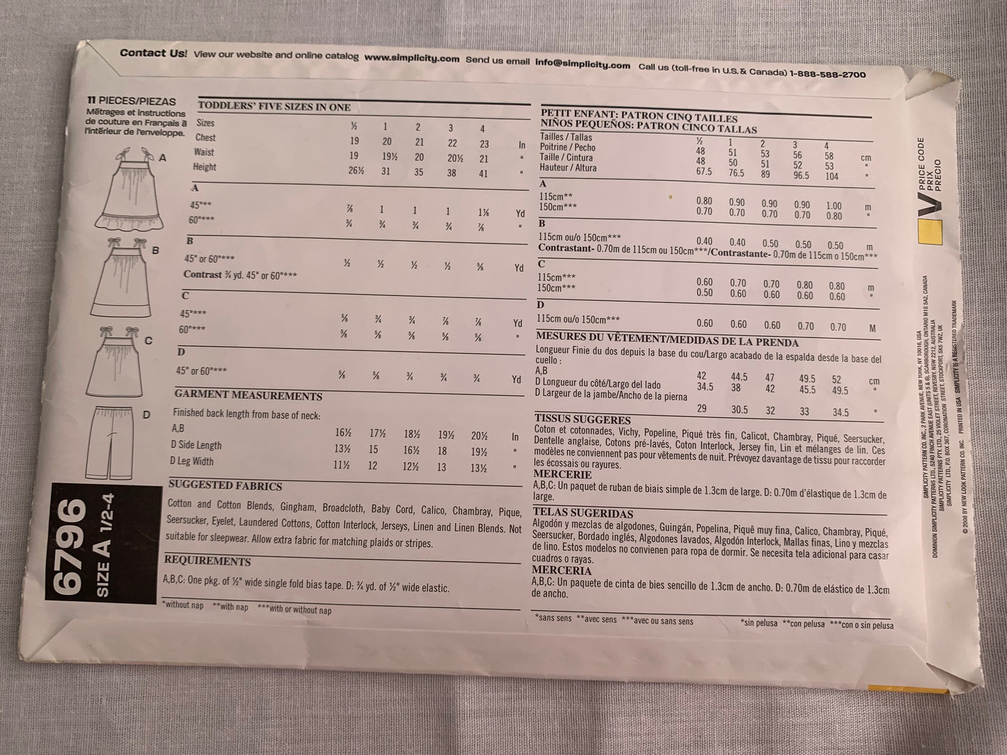 Simplicity New Look Sewing Pattern 6796 Girls'/Toddlers' Dresses, Pants, Sleeveless, Pullover, Below Knee Length, Ruffles, Elastic Waist, Size 1/2-4, Cut, 2008