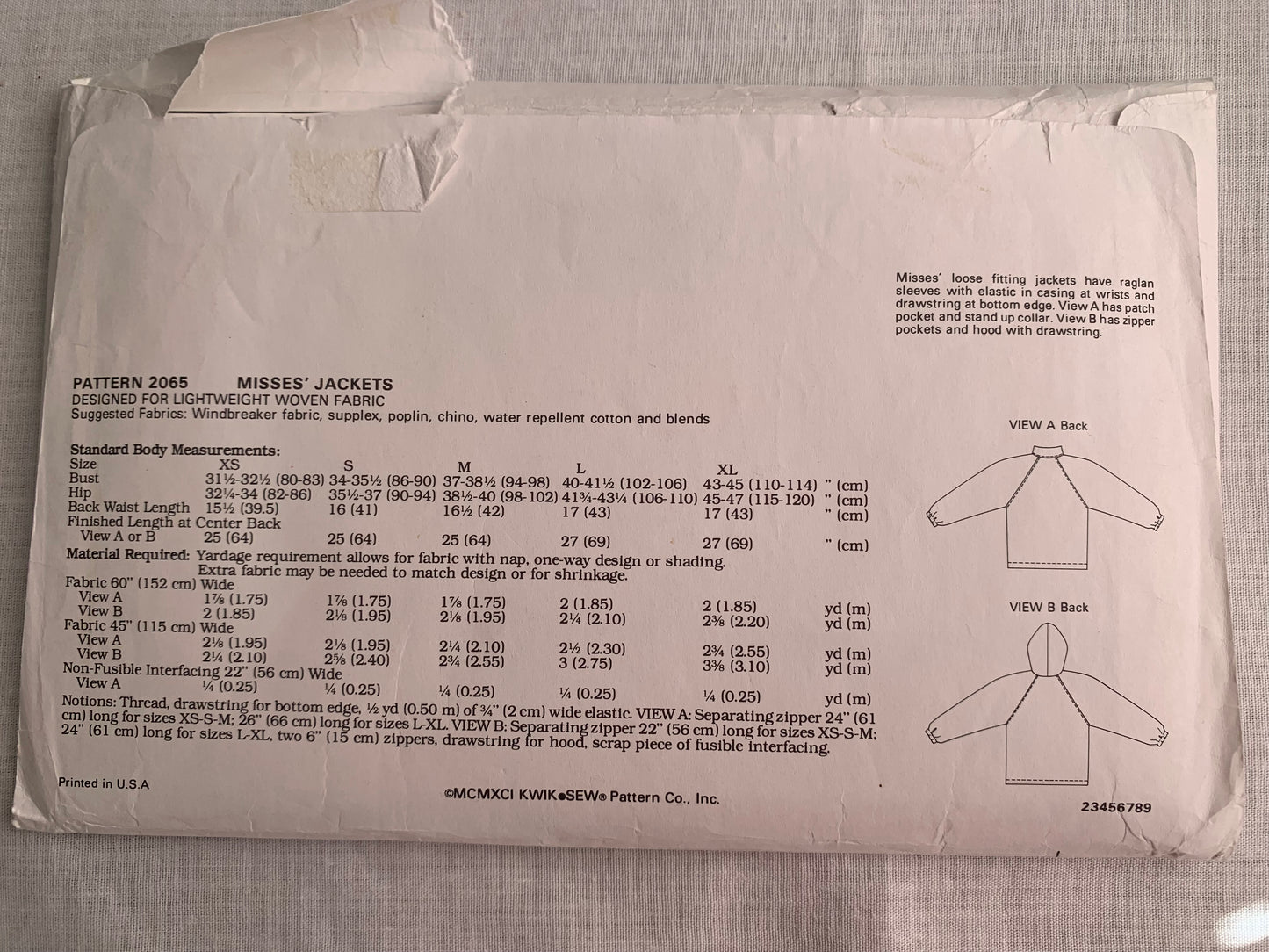 KWIK Sewing Pattern 2065 Misses' Jackets, Zipper Front, Hood, Loose-Fitting, Pockets, Size XS-XL, Cut, Vintage 1991
