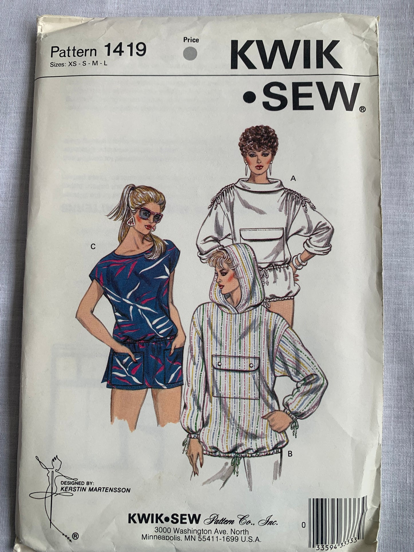 Kwik Sewing Pattern 1419 Misses' Coverup, Dropped Shoulders, Hood, Elastic Waist, Pullover, Pockets, Size XS-L, Uncut, Vintage 1986
