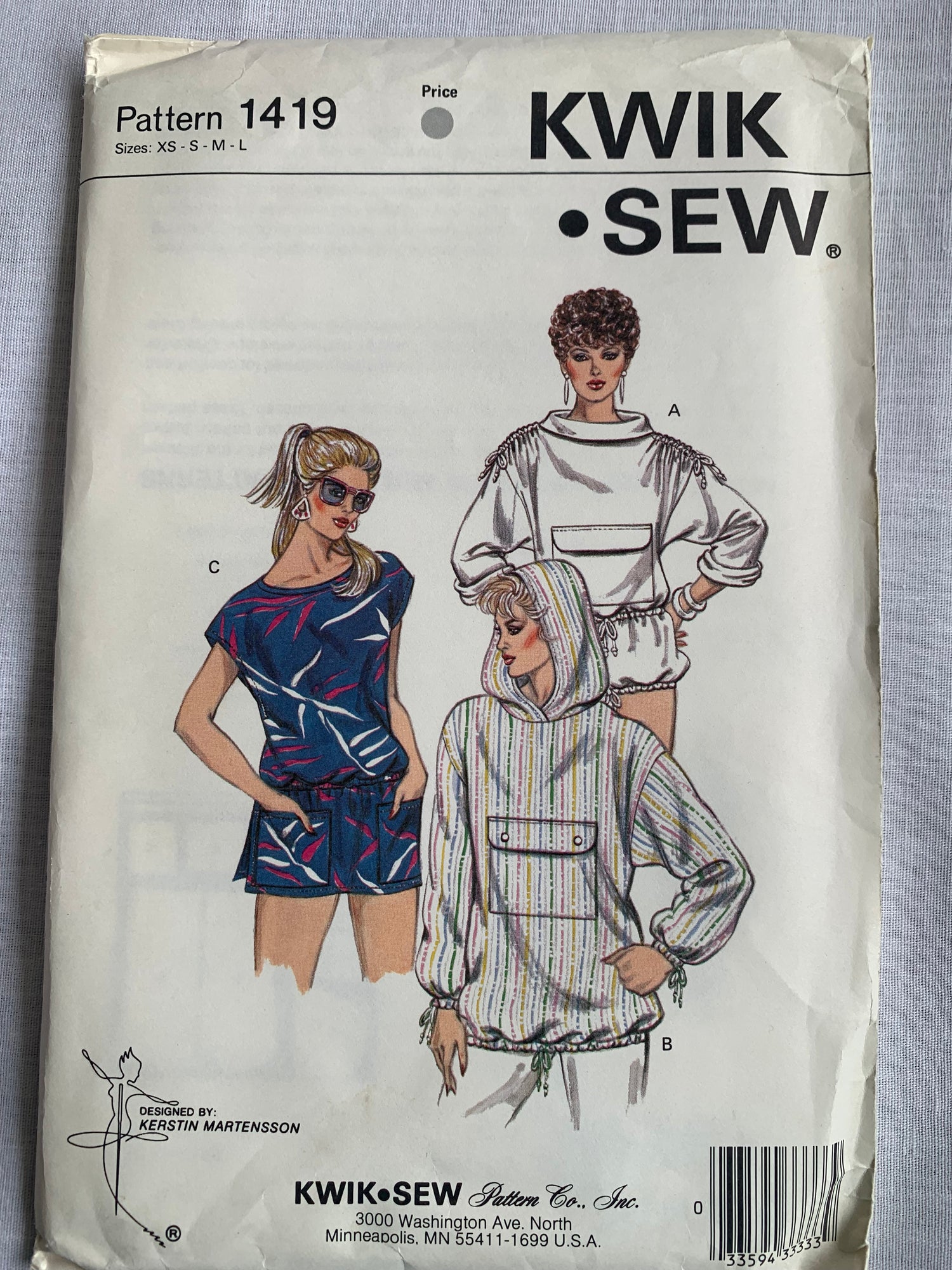 Kwik Sewing Pattern 1419 Misses' Coverup, Dropped Shoulders, Hood, Elastic Waist, Pullover, Pockets, Size XS-L, Uncut, Vintage 1986