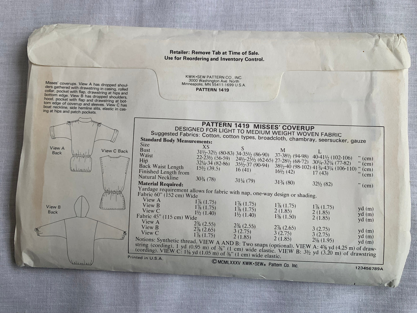 Kwik Sewing Pattern 1419 Misses' Coverup, Dropped Shoulders, Hood, Elastic Waist, Pullover, Pockets, Size XS-L, Uncut, Vintage 1986
