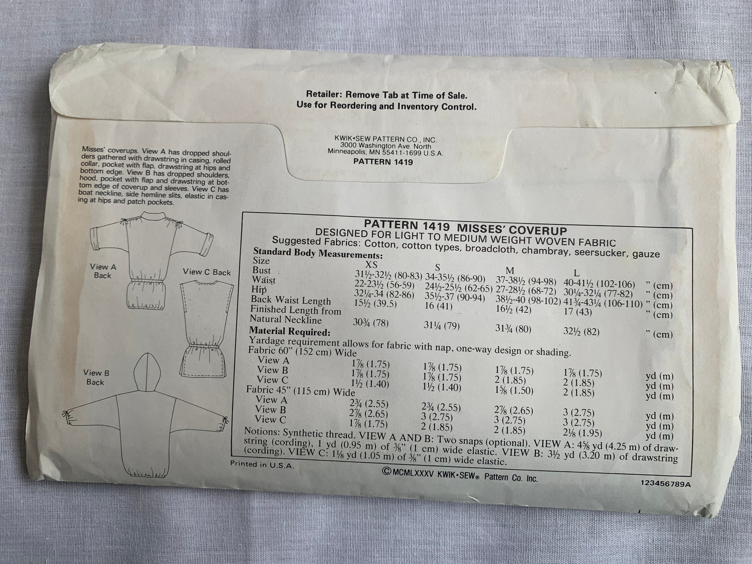 Kwik Sewing Pattern 1419 Misses' Coverup, Dropped Shoulders, Hood, Elastic Waist, Pullover, Pockets, Size XS-L, Uncut, Vintage 1986