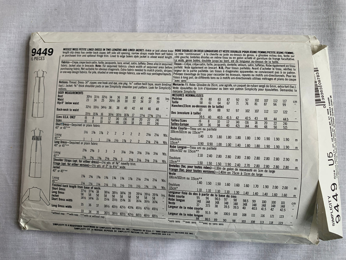Simplicity Sewing Pattern 9449 Misses'/Miss Petite Lined Dress, Two Lengths, Jacket, Zipper Back, Side Slit, Size 16-24, Uncut, Vintage 1989