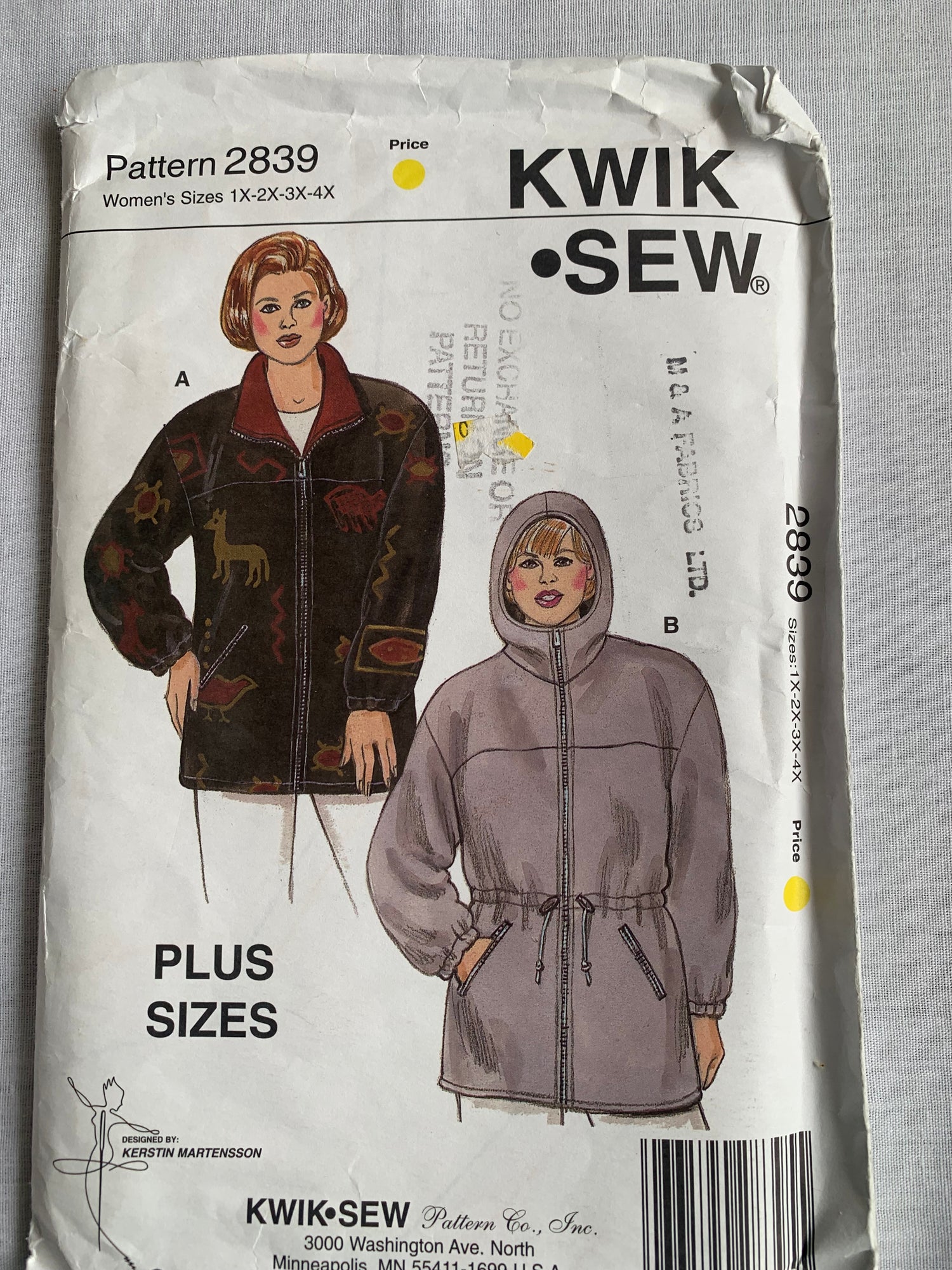 KWIK Sewing Pattern 2839 Misses' Jackets, Zipper Front, Hood, Elastic Waist, Pockets, Size 1X-4X, Uncut, Vintage 1999