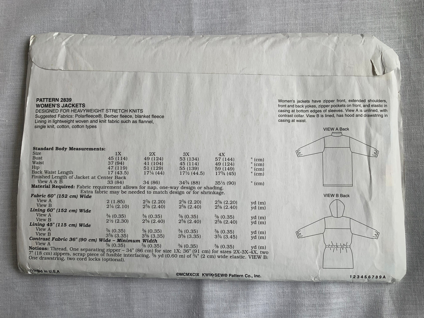 KWIK Sewing Pattern 2839 Misses' Jackets, Zipper Front, Hood, Elastic Waist, Pockets, Size 1X-4X, Uncut, Vintage 1999