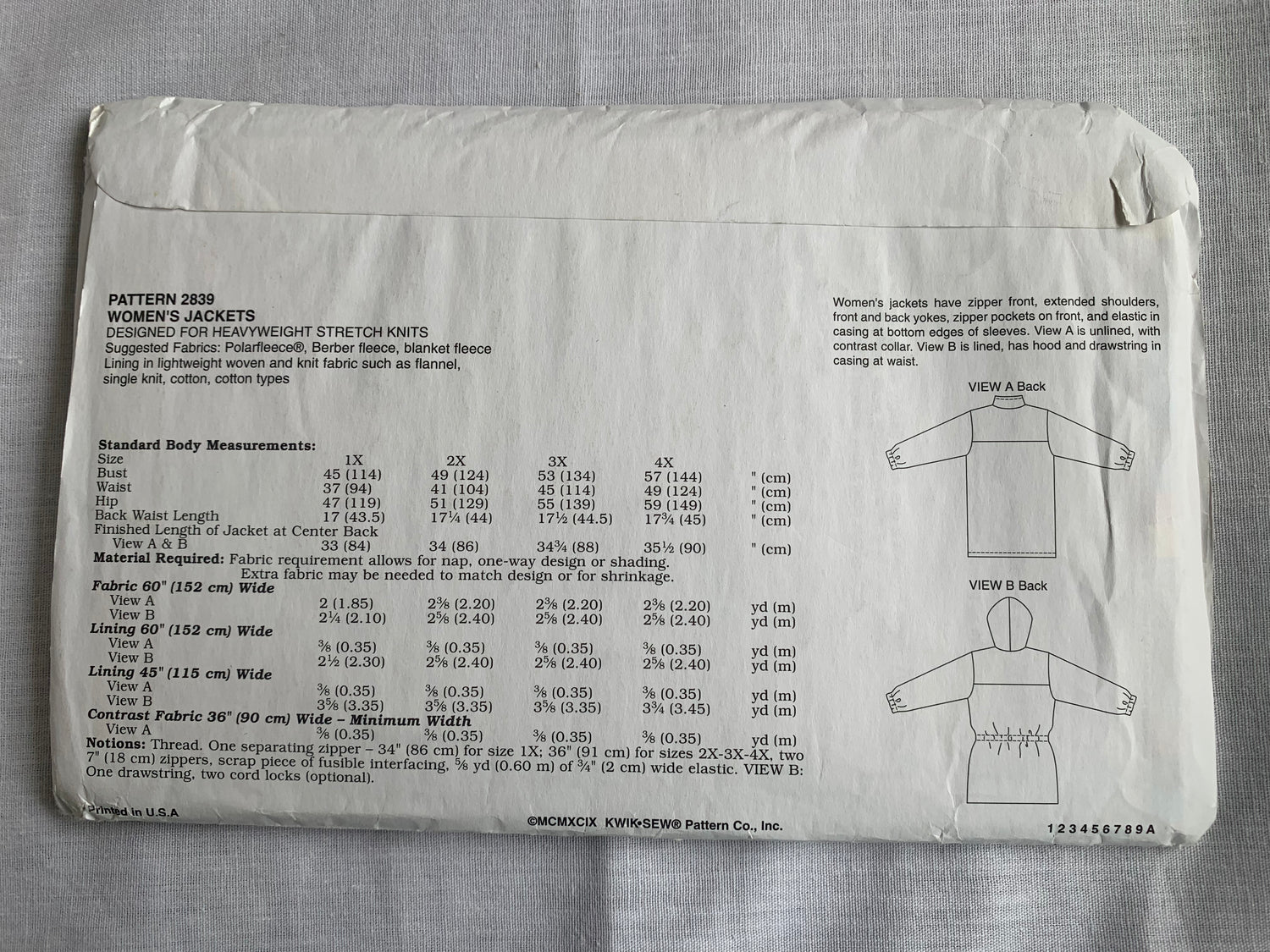 KWIK Sewing Pattern 2839 Misses' Jackets, Zipper Front, Hood, Elastic Waist, Pockets, Size 1X-4X, Uncut, Vintage 1999