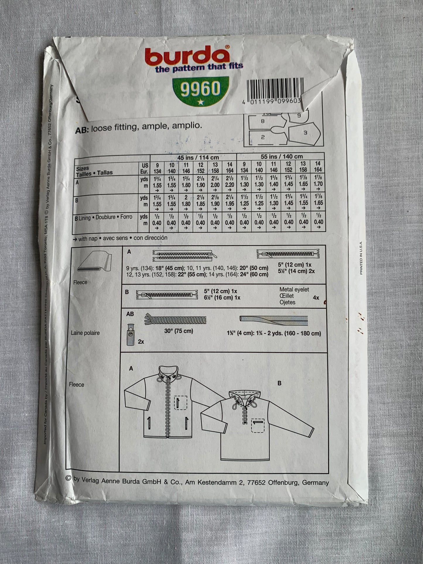Burda Sewing Pattern 9960 Boy's Jacket, Hood, Zipper Front, Pockets, Loose-Fitting, Size 9-14, Uncut, Vintage 1995