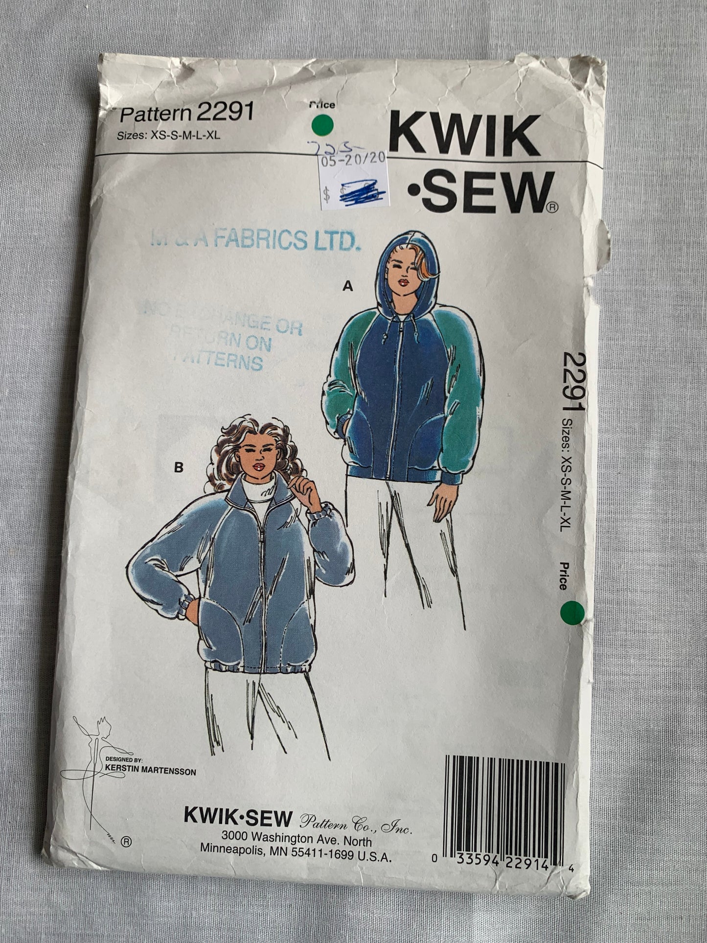 KWIK Sewing Pattern 2291 Misses' Jackets, Zipper Front, Hood, Loose-Fitting, Pockets, Size XS-XL, Uncut, Vintage 1991