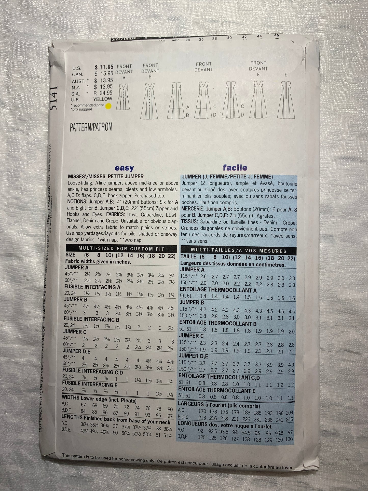 Butterick Sewing Pattern 4932 Misses'/Misses' Dress, Jumper, Loose-Fitting, Sleeveless, Button Front, Two Lengths, Princess Seams, Size 6-10, Uncut, Vintage 1997