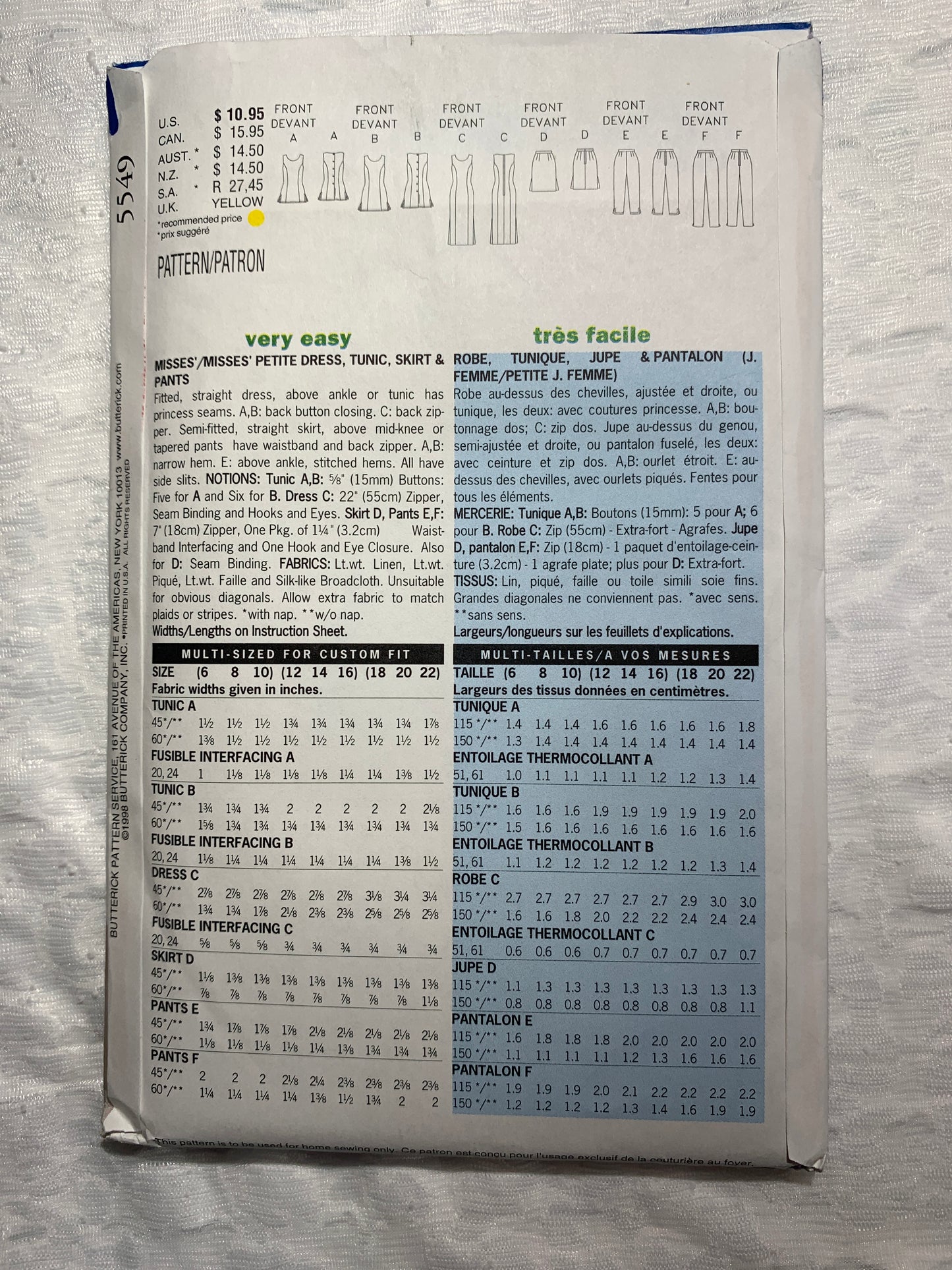 Butterick Sewing Pattern 5549 Misses'/Misses' Petite Dress,Tunic, Skirt, Pants, Fitted, Zipper Back, Sleeveless, Size 6-10, Uncut, Vintage 1998