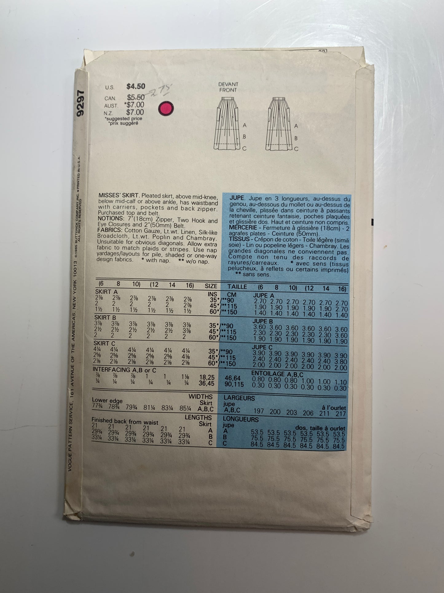Vogue Sewing Pattern 9297 Misses' Skirts, 3 Lengths, Zipper Back, Pockets, Pleats, Size 12-16, Uncut, Vintage 1985