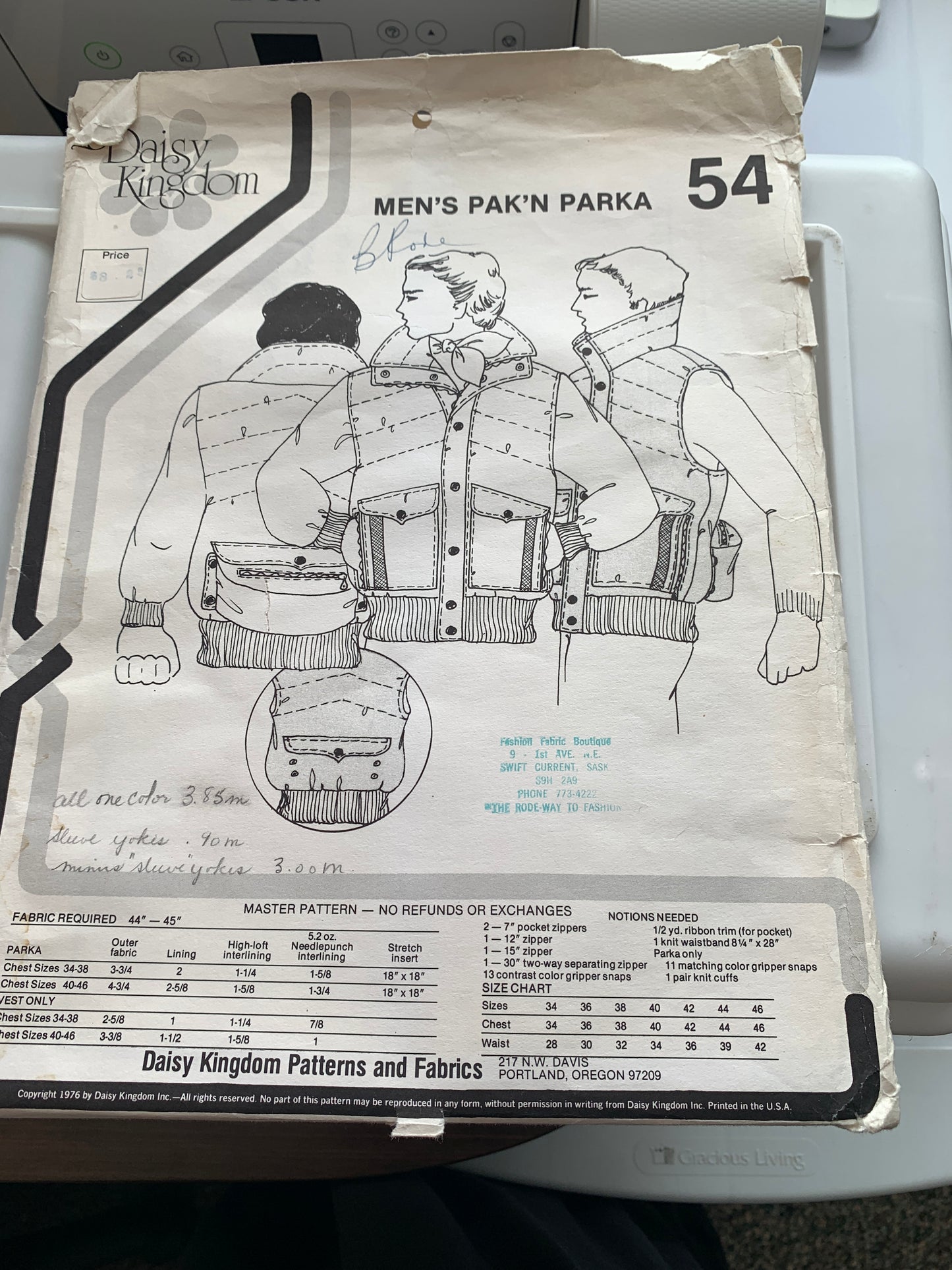 Daisy Kingdom Sewing Patterns 54 Men's Pak'n Parka, Vest, Snap Front, Pockets, Size 34-46, Uncut, Vintage 1976
