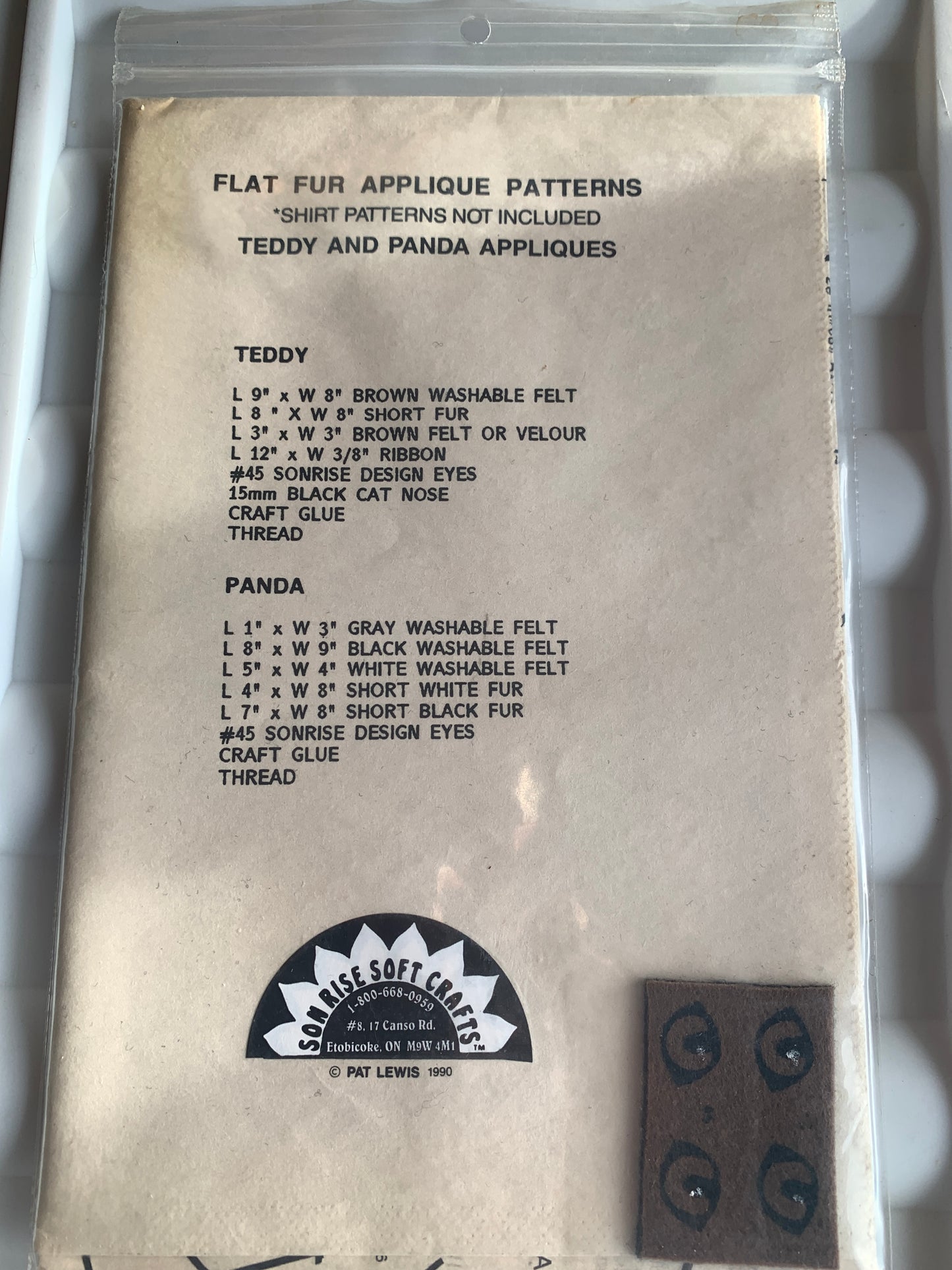 Son Rise Soft Craft Flat Fur Applique Patterns, Teddy And Panda, Two Sizes, Uncut, Vintage 1981