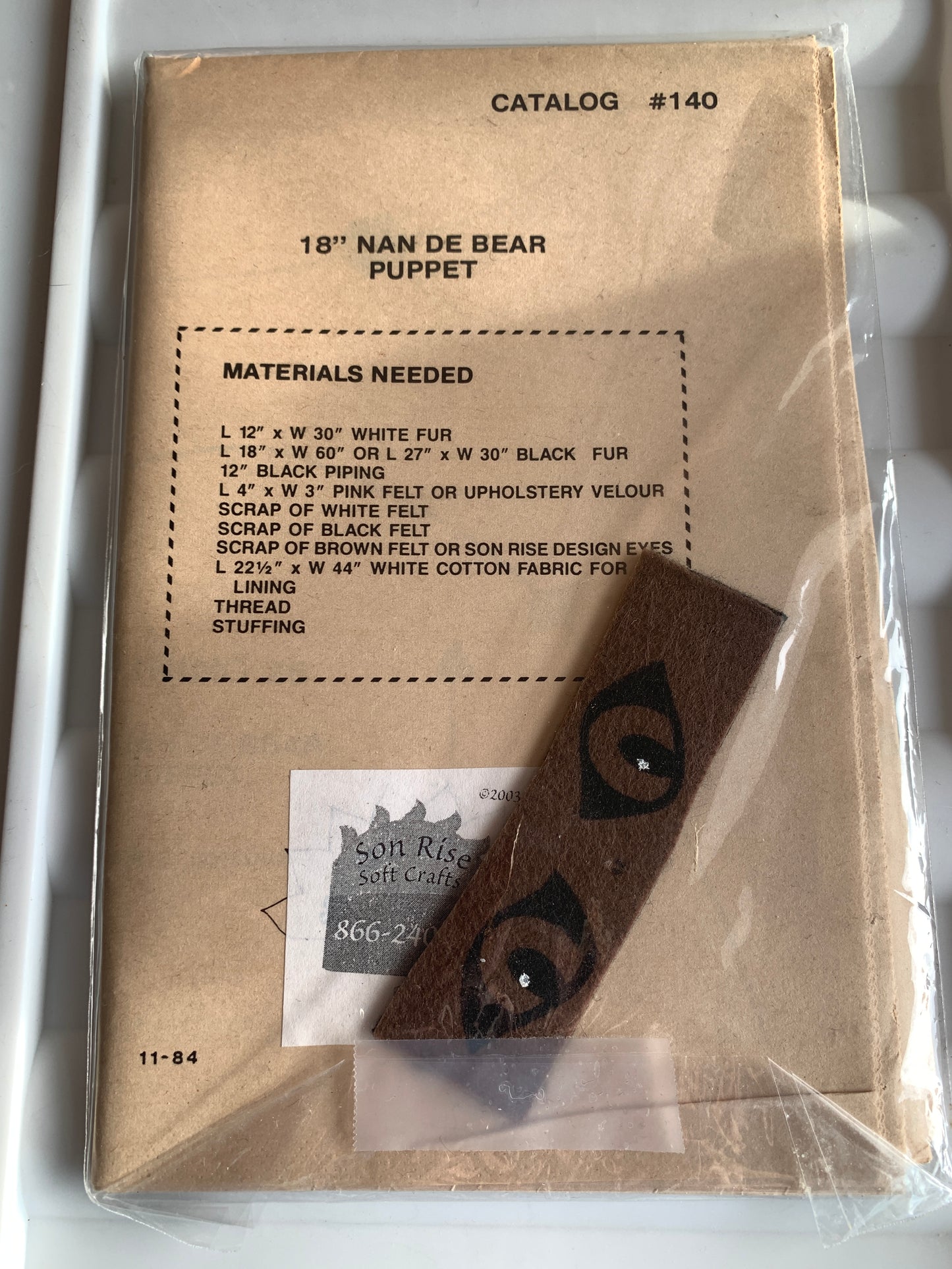 Son Rise Soft Crafts Pattern Puppets Animals, Mam De Bear Puppet, Size 18", Uncut, Vintage 1980