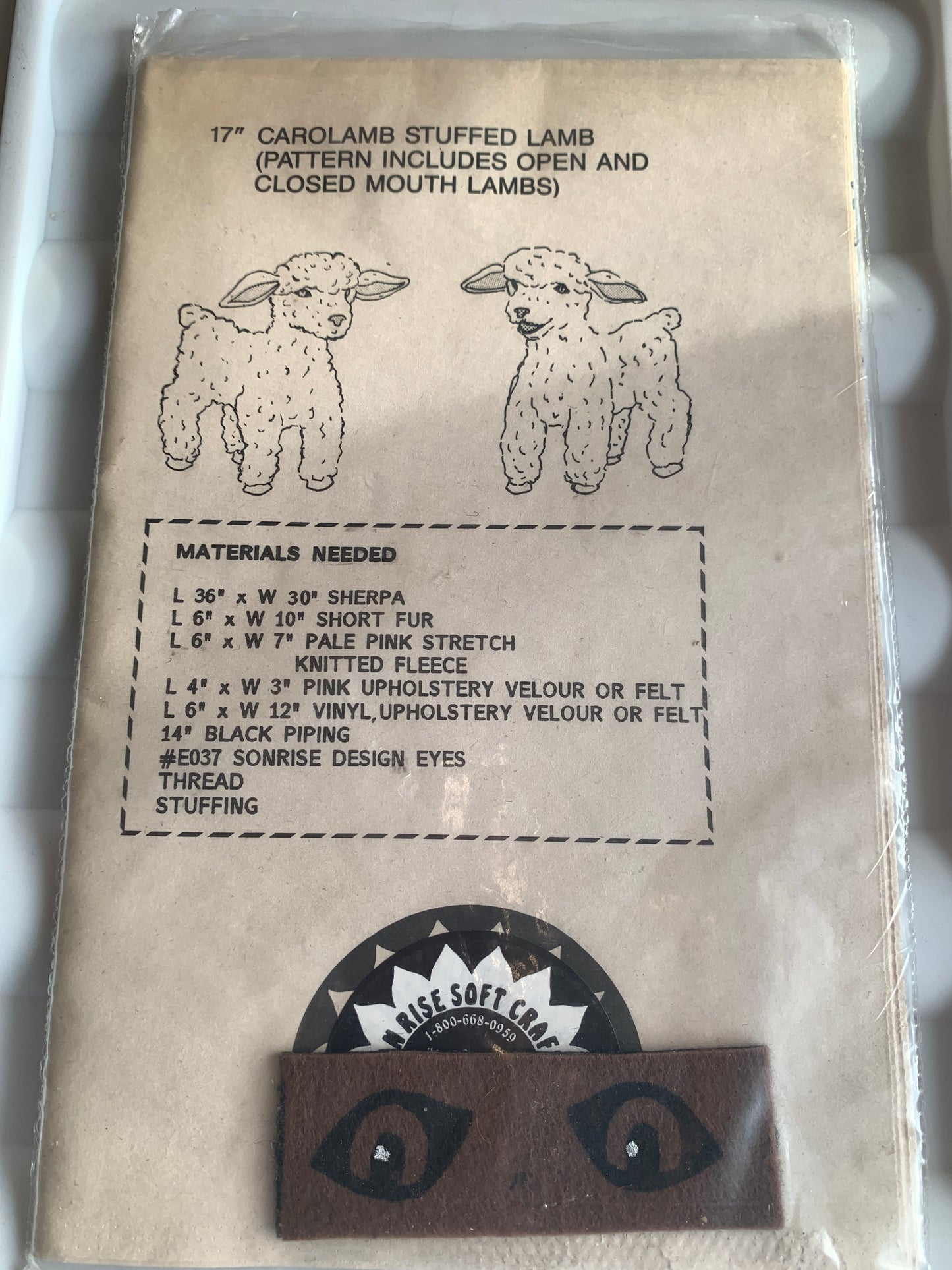 Son Rise Soft Craft Flat Fur Stuffed Animal Patterns, Carolamb, Size 17", Uncut, Vintage 1981