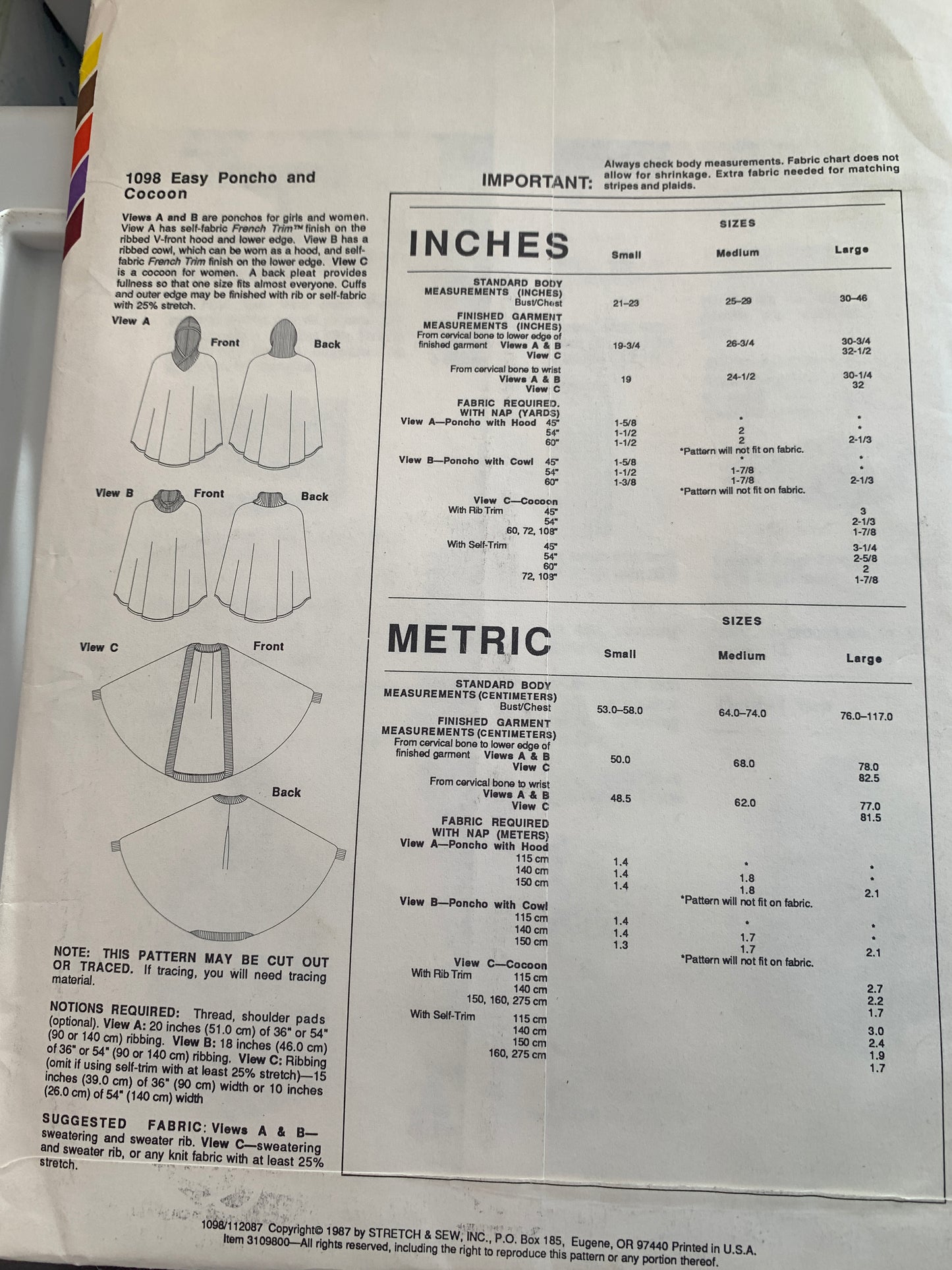 Stretch & Sew Sewing Pattern 1098 Ann Person Misses'/GirlsPonco, Cocoon, 5 Variations, Hood, Size 21-46, Uncut, 1987