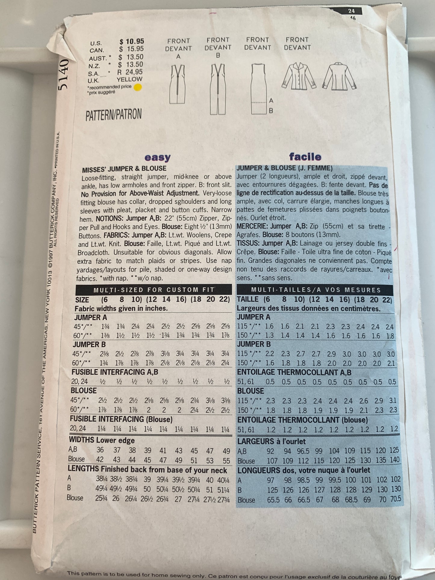 Butterick Sewing Pattern 5140 Misses' Jumper, Blouse, Loose-Fitting, Two Lengths, Zipper, Size 18-22, Uncut, Vintage 1997