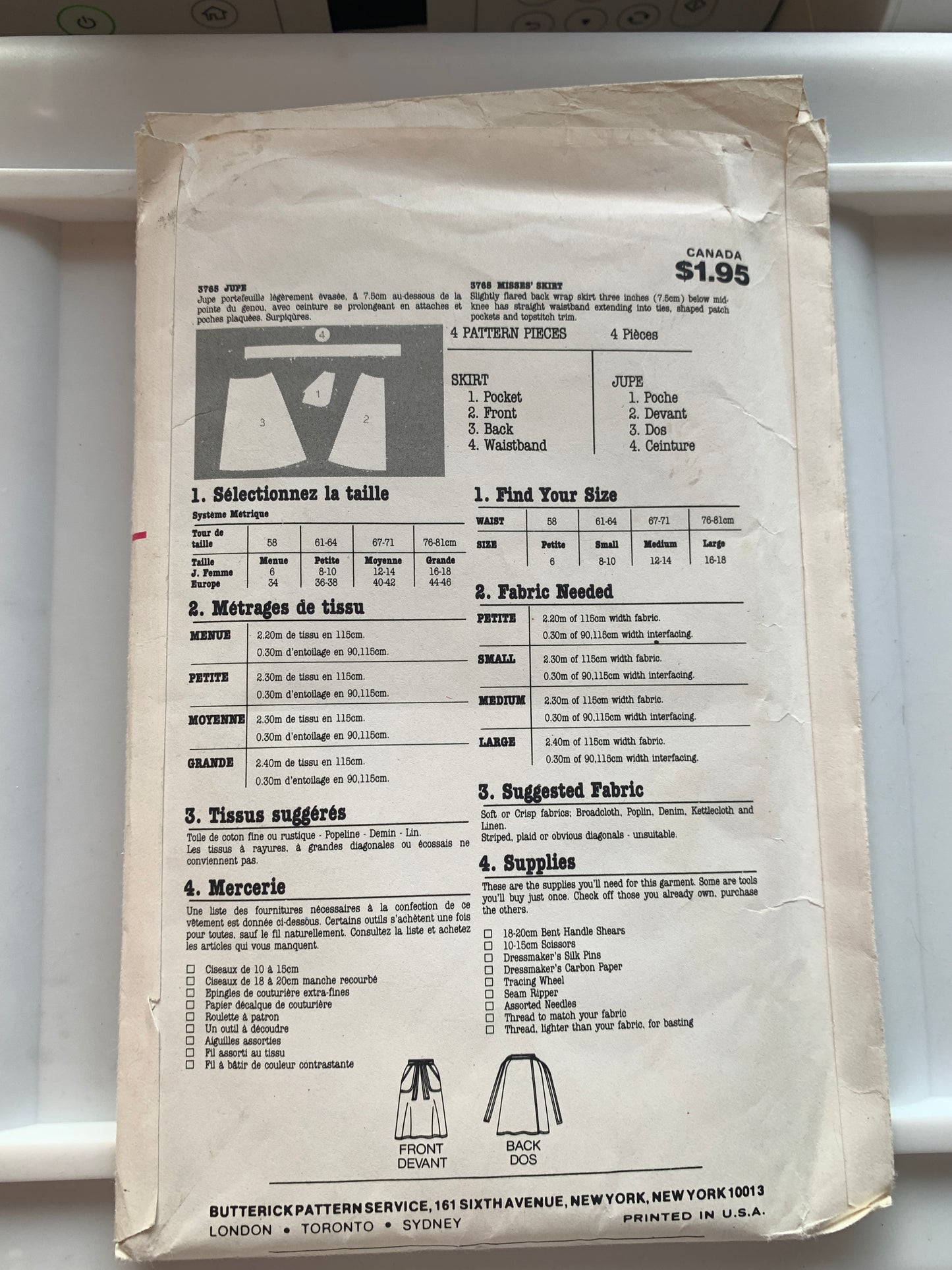 Butterick Sewing Pattern 3765 Misses' Skirt, Back Wrap, Size 8-10, Uncut, Vintage 1992