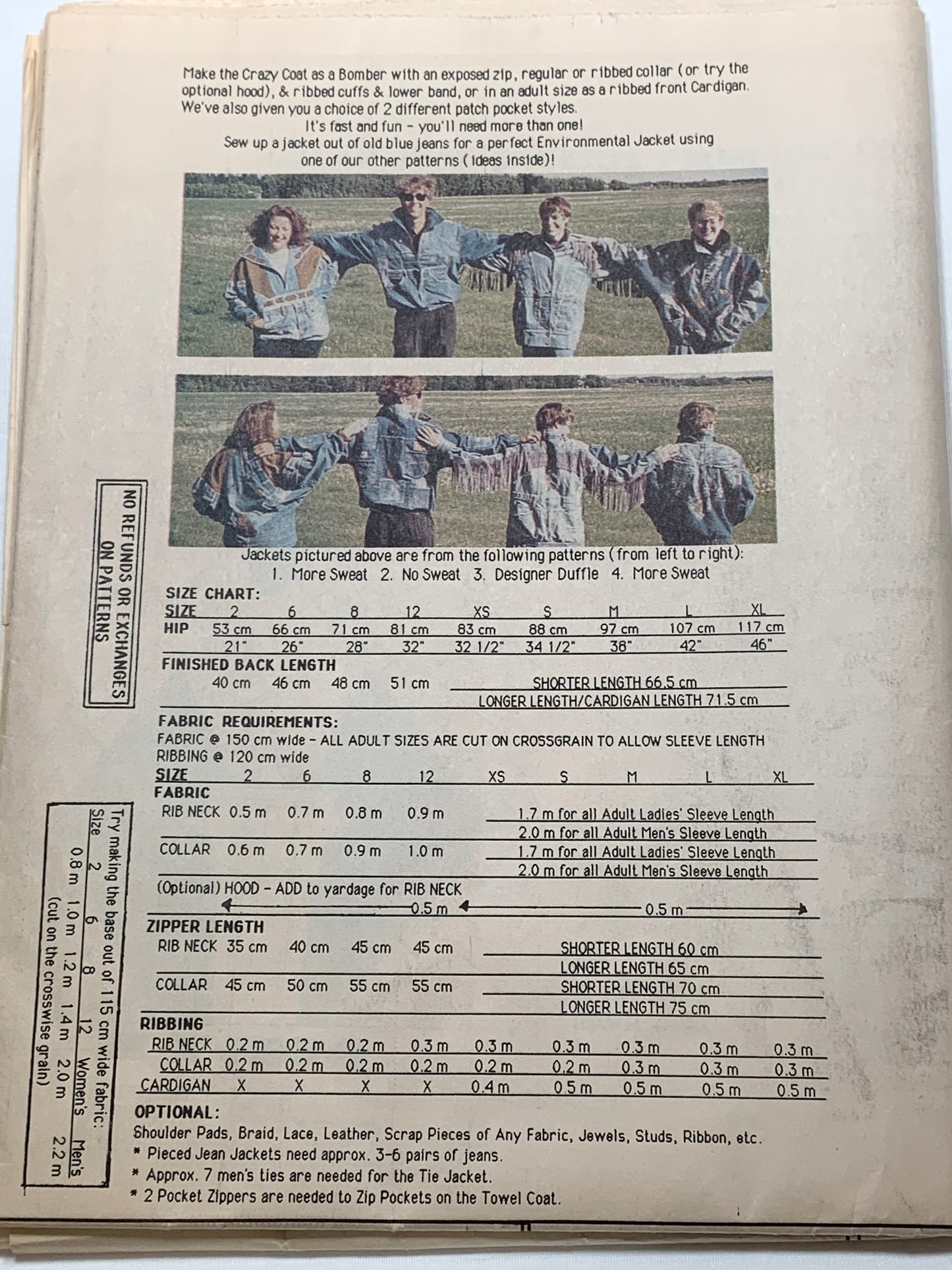 Unique Sewing Patterns Crazy Coat 444, Crazy Quilt, Long Sleeves, Pockets, Child Size 2 to Adult Size XL, Multi-Sized, MacPhee Workshop, 1991