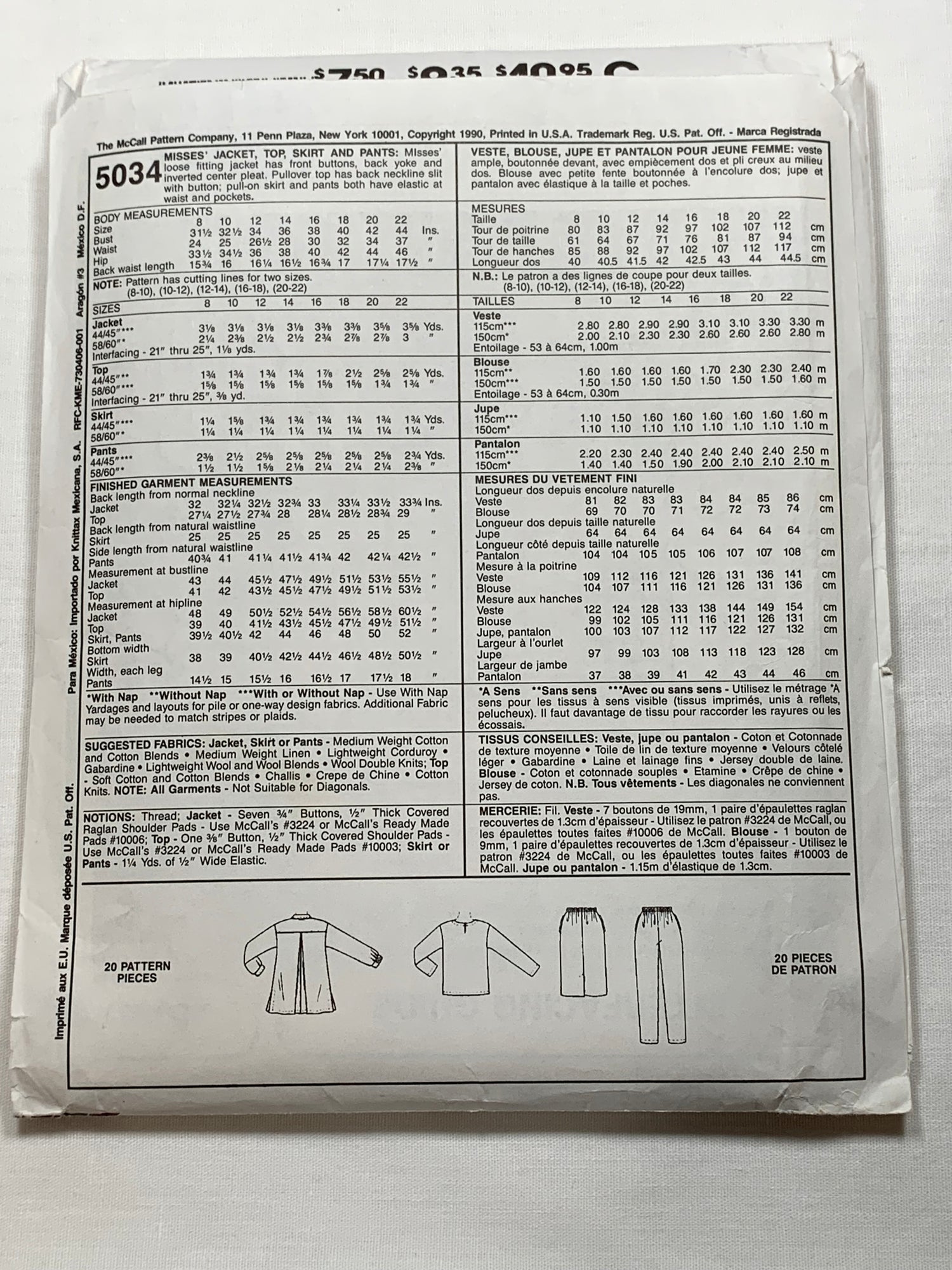 McCall's Sewing Pattern 5034 Misses' Jacket, Top, Skirt, Pants, Long Sleeves, Pullover, Elastic Waist, Pockets, Size 10-12, Uncut, Vintage 1990