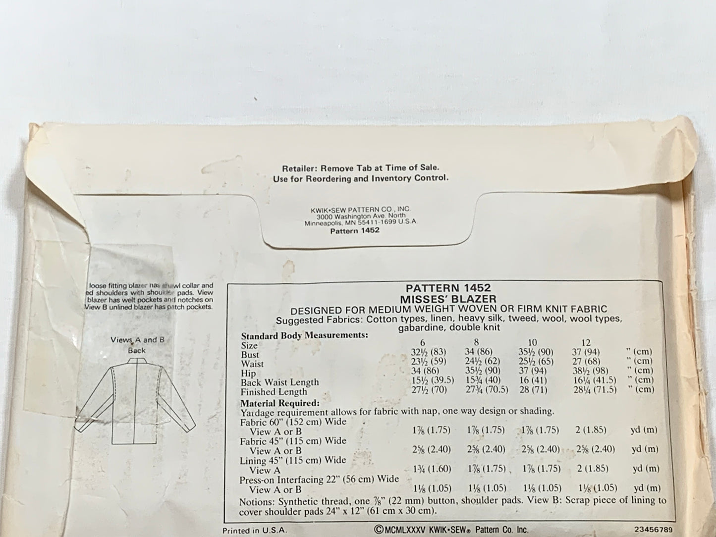 KWIK Sewing Pattern 1452 Misses' Blazer, Pockets, Shawl Collar, Unlined, Size 6-12, Uncut, Vintage 1985