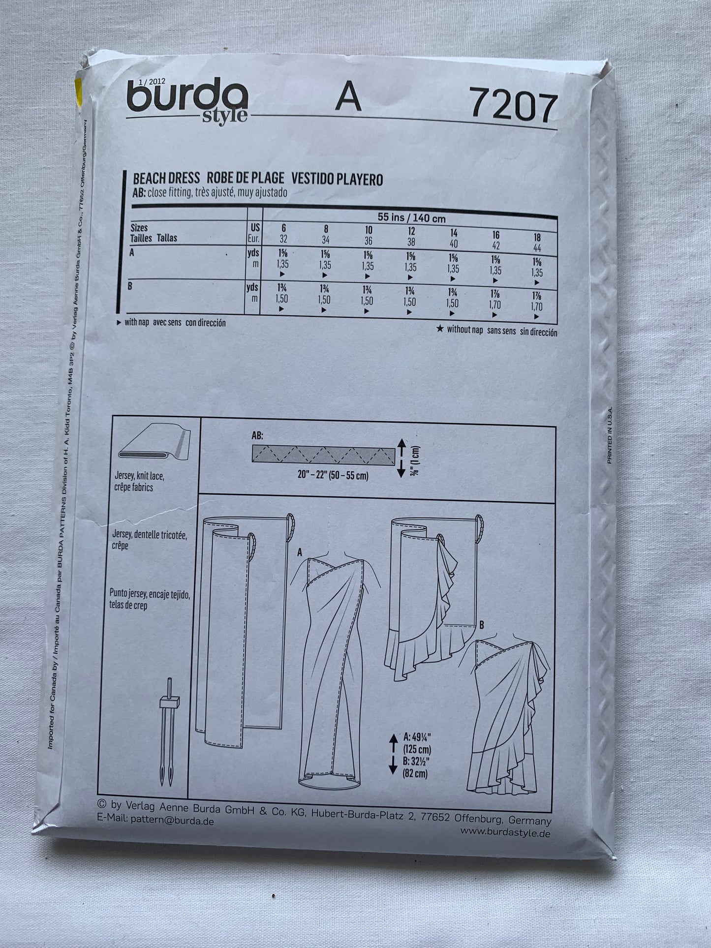 Burda Sewing Pattern 7207 Misses' Beach Dress, Sleeveless, Close Fitting, 2 Variations, Size 6-18, Uncut, 2000