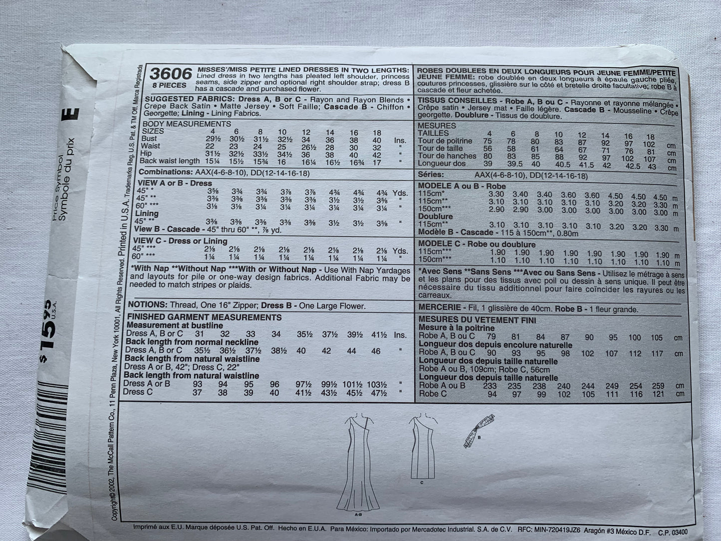 McCall's Sewing Pattern 3606 Misses'/Miss Petite Dress, Lined, Two Lengths, Princess Seams, Side Zipper, Sleeveless, Evening Gown, Size 4-10, Uncut, 2002