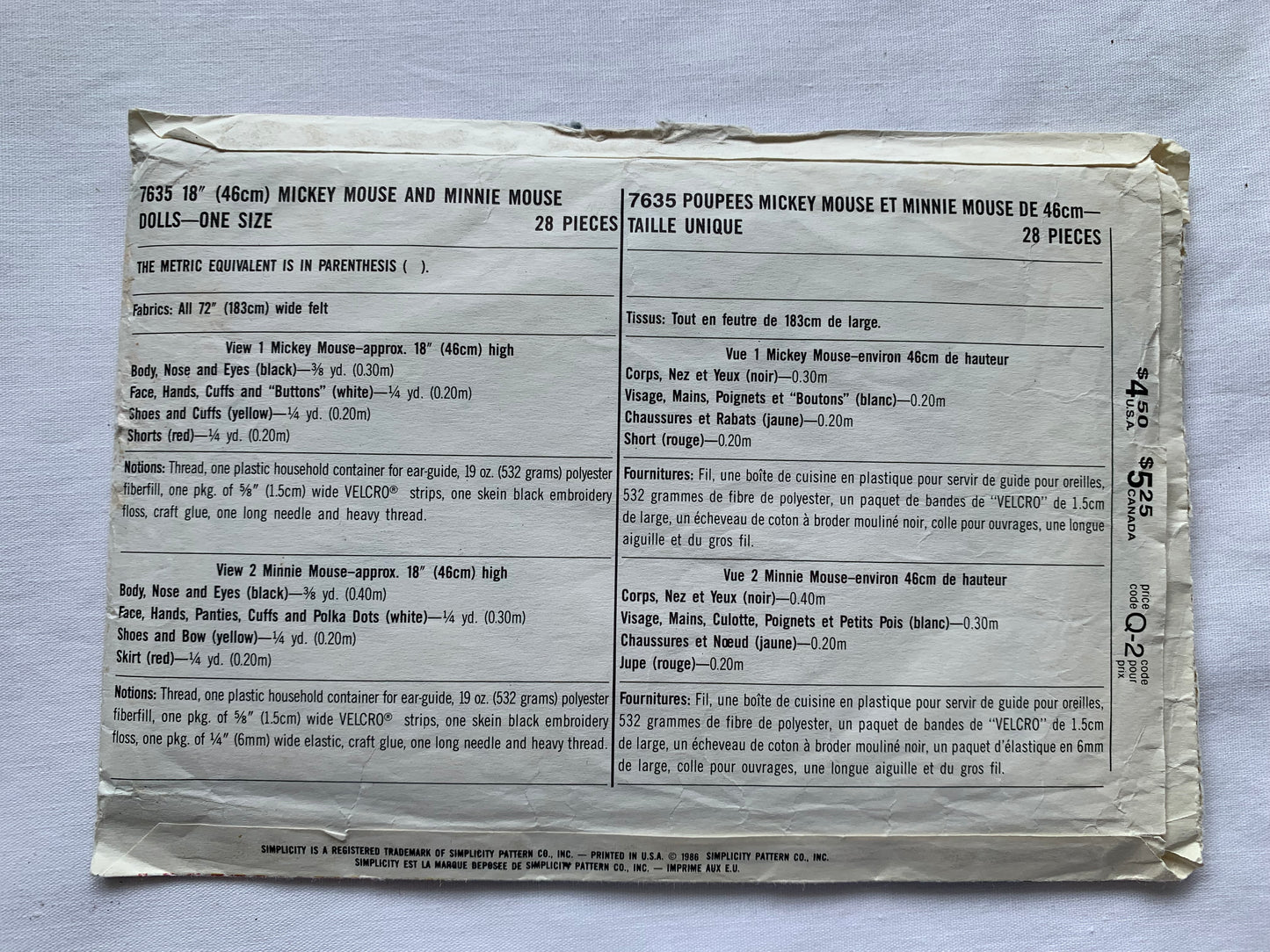 Simplicity Sewing Pattern 7635 Minnie/Mickey Mouse Dolls, 18 Inches, Uncut, Vintage 1986