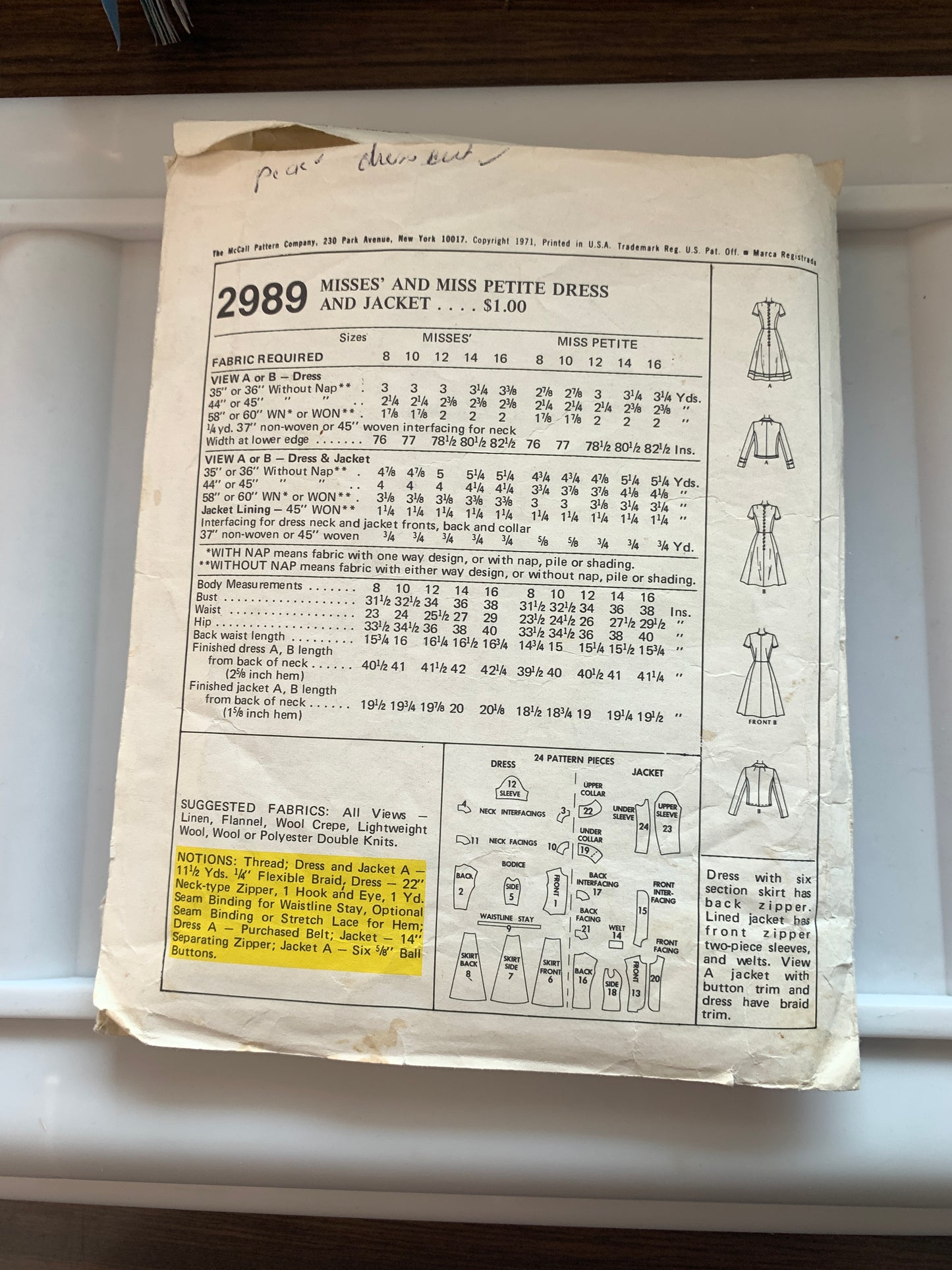 McCall's Sewing Pattern 2989 Misses'/Petite Jacket, Dress, Lined, Zipper Back Size 14, Cut, Vintage 1971