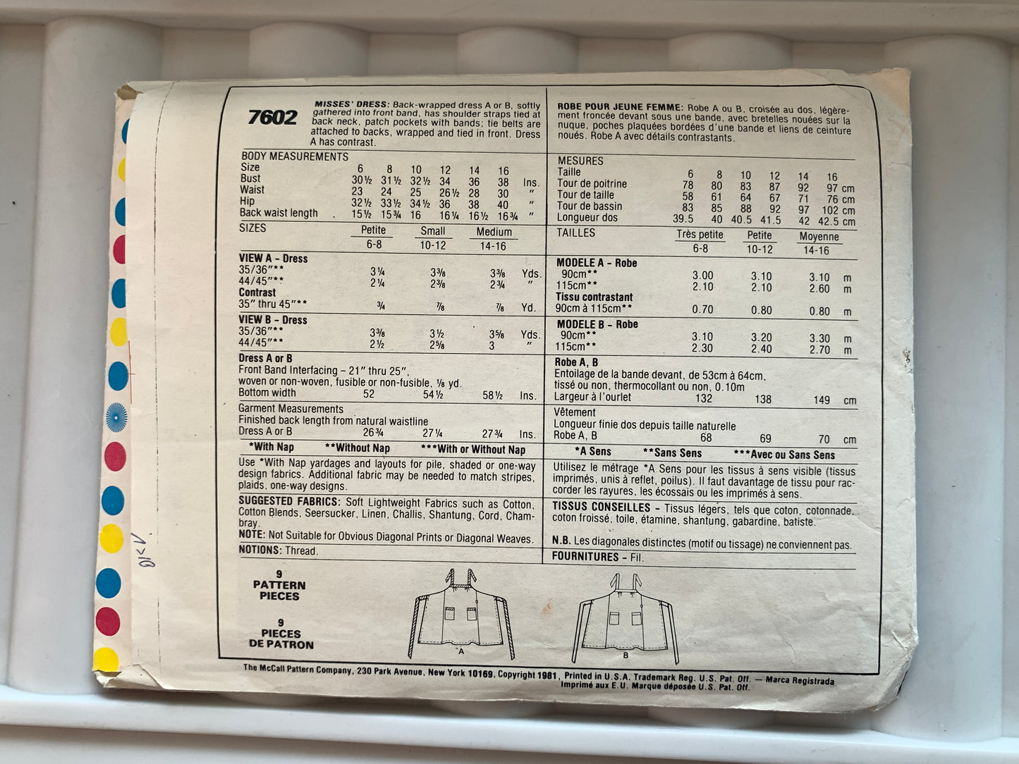 McCall's Sewing Pattern 7602 Misses' Dress Back Wrap, Shoulder Straps, Pockets, Tie Belt, Size 14-16, Cut, Vintage 1981