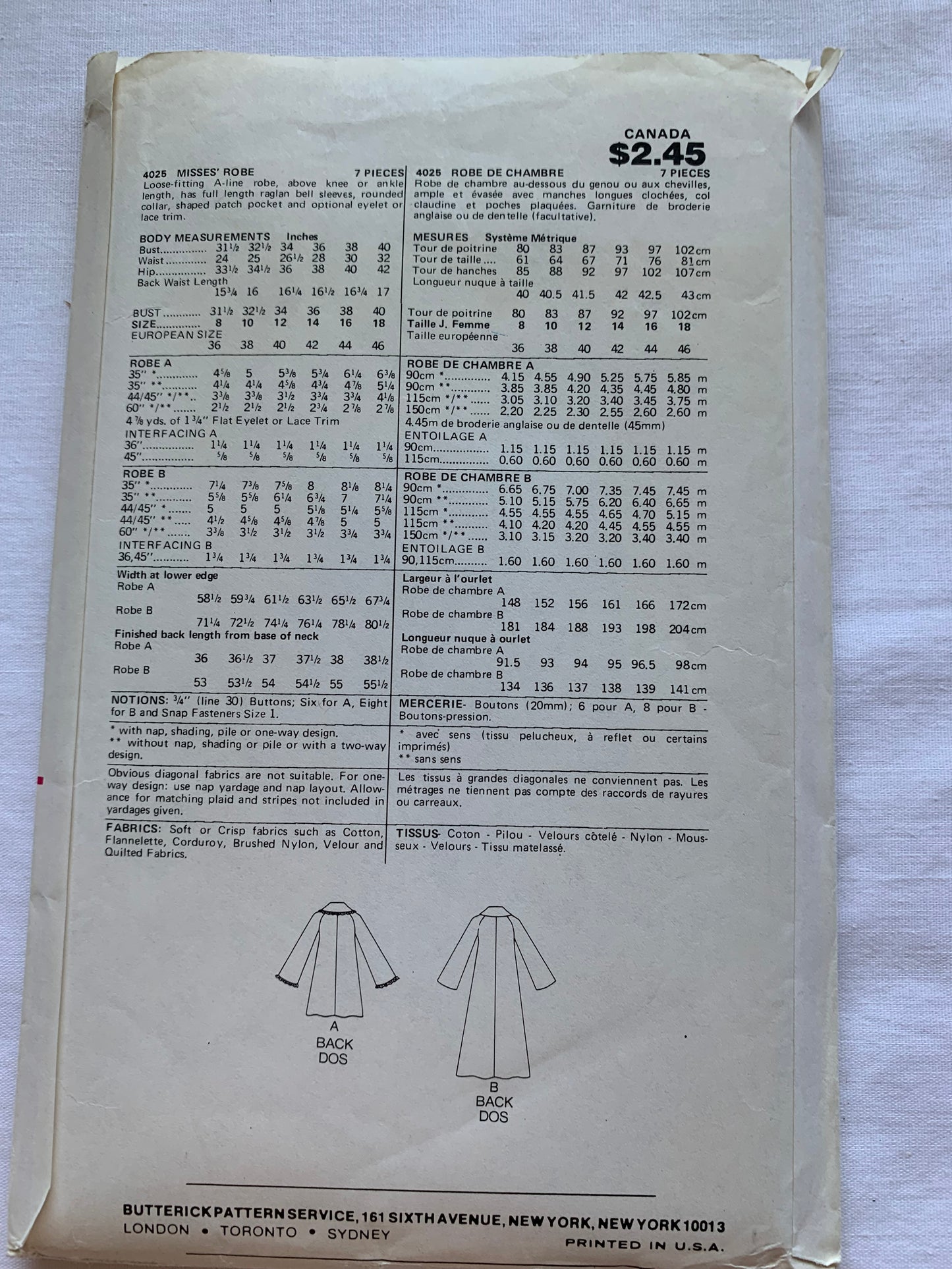 Butterick Sewing Pattern 4025 Misses' Robe, Housecoat, Loose-Fitting, Long Sleeves, Button Front, Pockets, Size 10, Cut, Vintage 1980