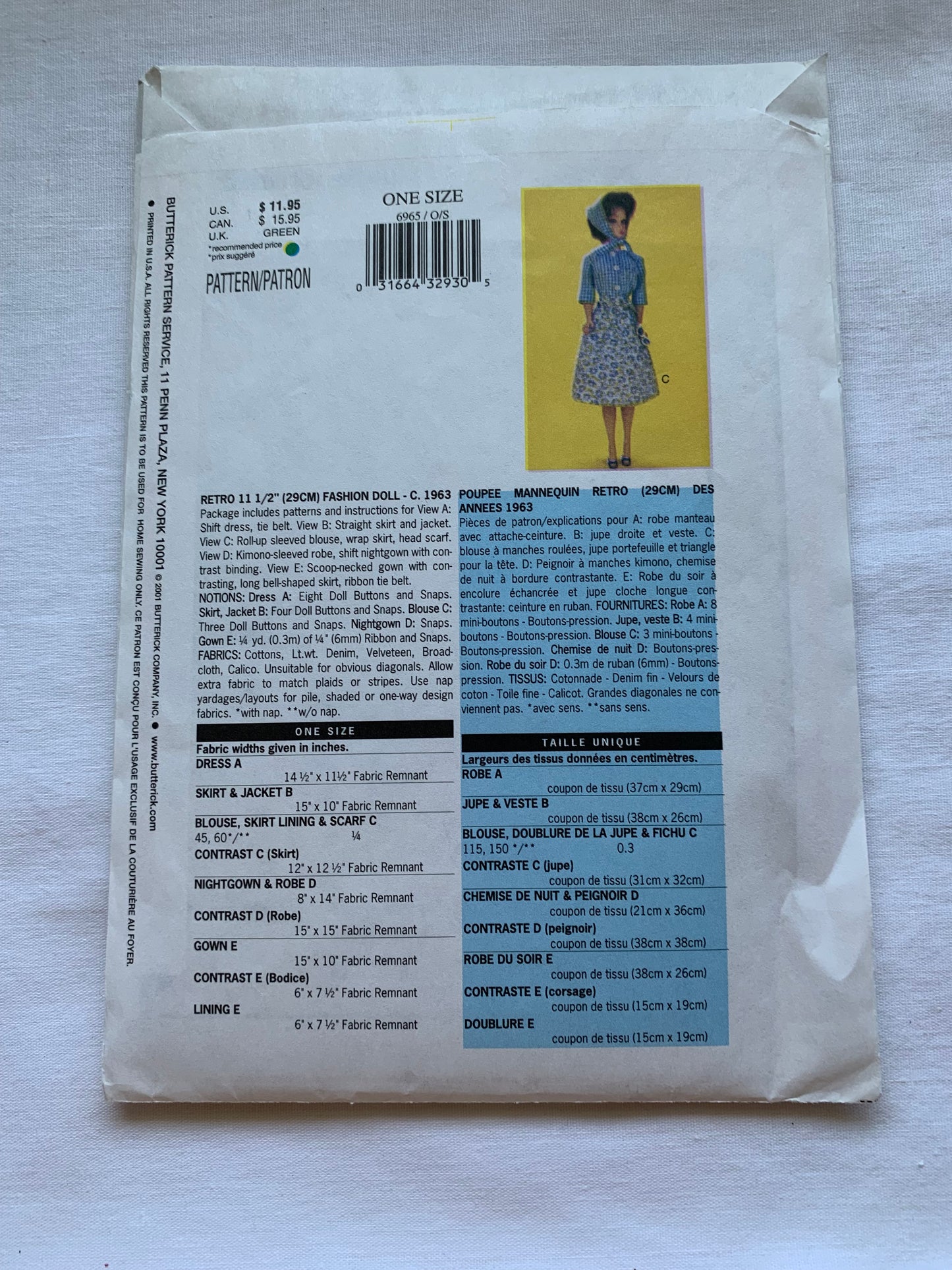 Butterick Sewing Pattern 6965 Wardrobe Fashion Dolls, Cher, Barbie, Farrah, Size 11 1/2-12 1/2, Cut, 2001