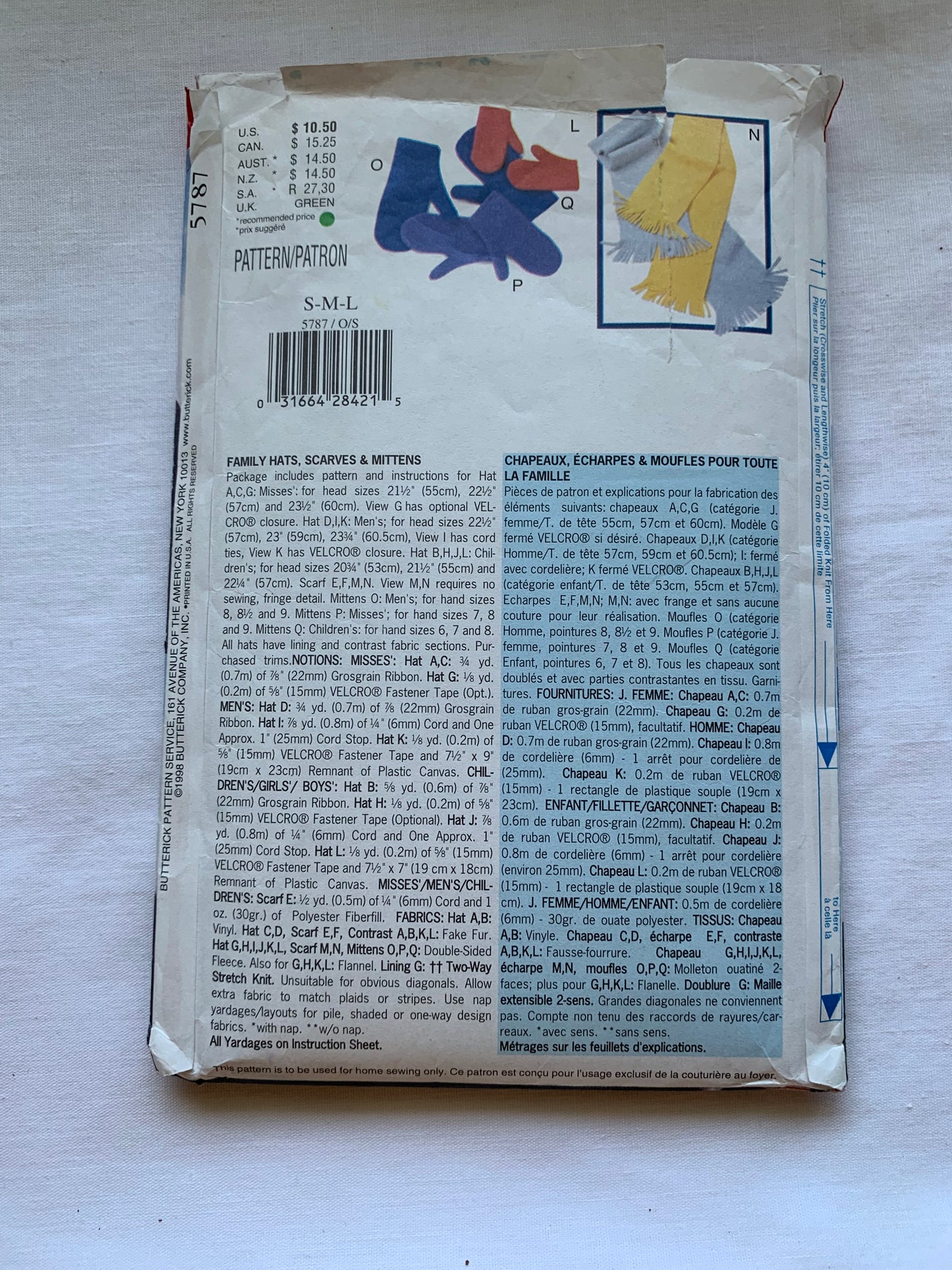Butterick Sewing Pattern 5787 Misses'/Men's/Childrens' Hats, Scarves, Mittens, All Sizes, Cut, Vintage 1998