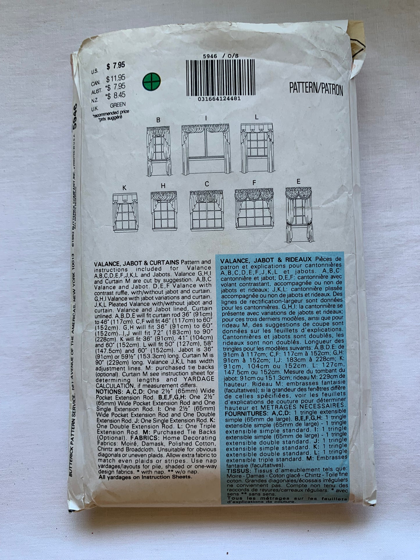 Butterick Sewing Pattern 5946 Window Shades, Coverings, 12 Variations, Unlined, Curtains, Jabot, Valance, Swag, Cafe, Cut, Vintage 1992