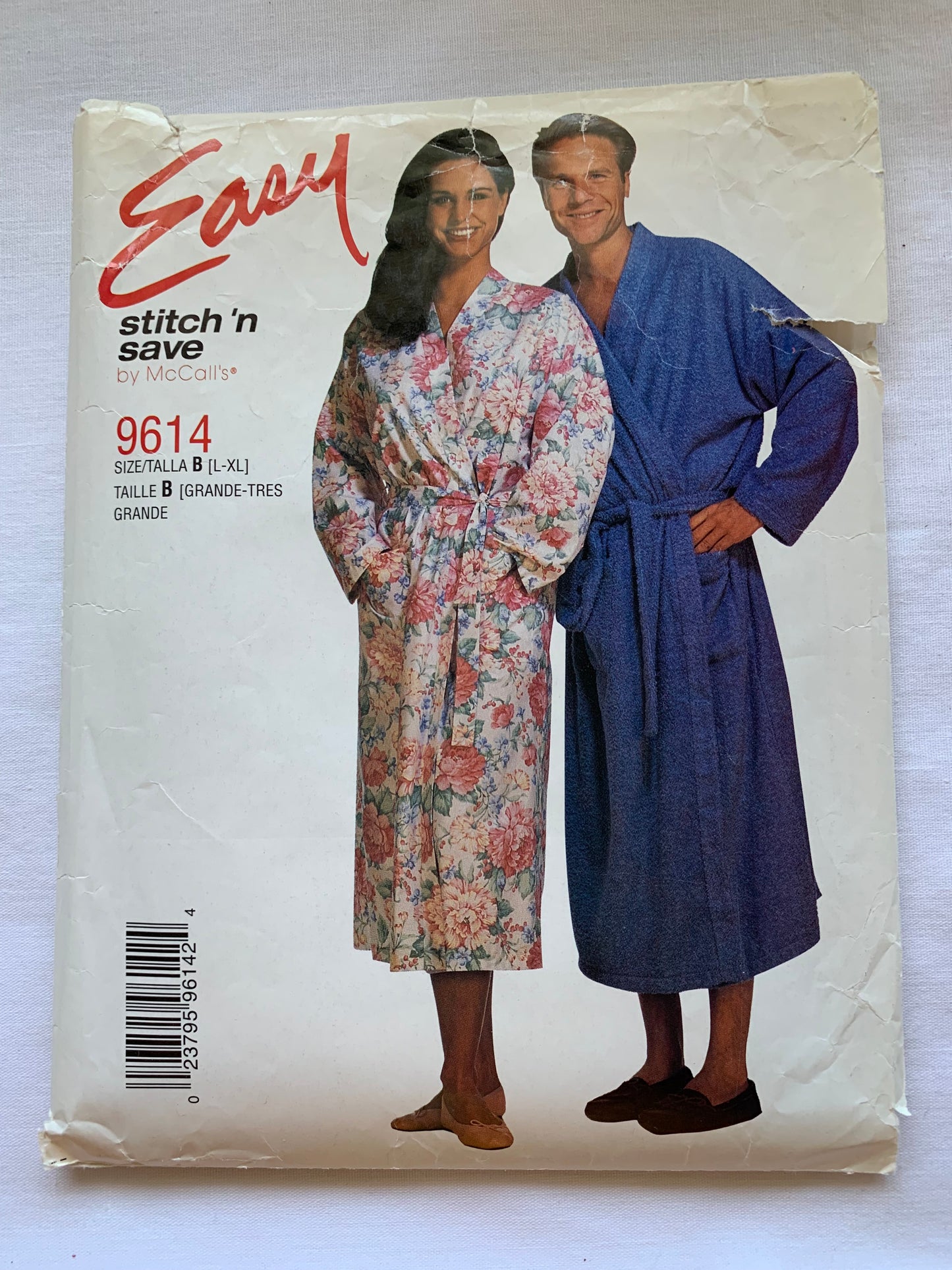 McCall's Sewing Pattern Stitch N Save 9614 Misses'/Men's/Teens' Robe, Tie Belt, Long Sleeves, Kimono, Pockets, Size 44-46, Cut, Vintage 1998