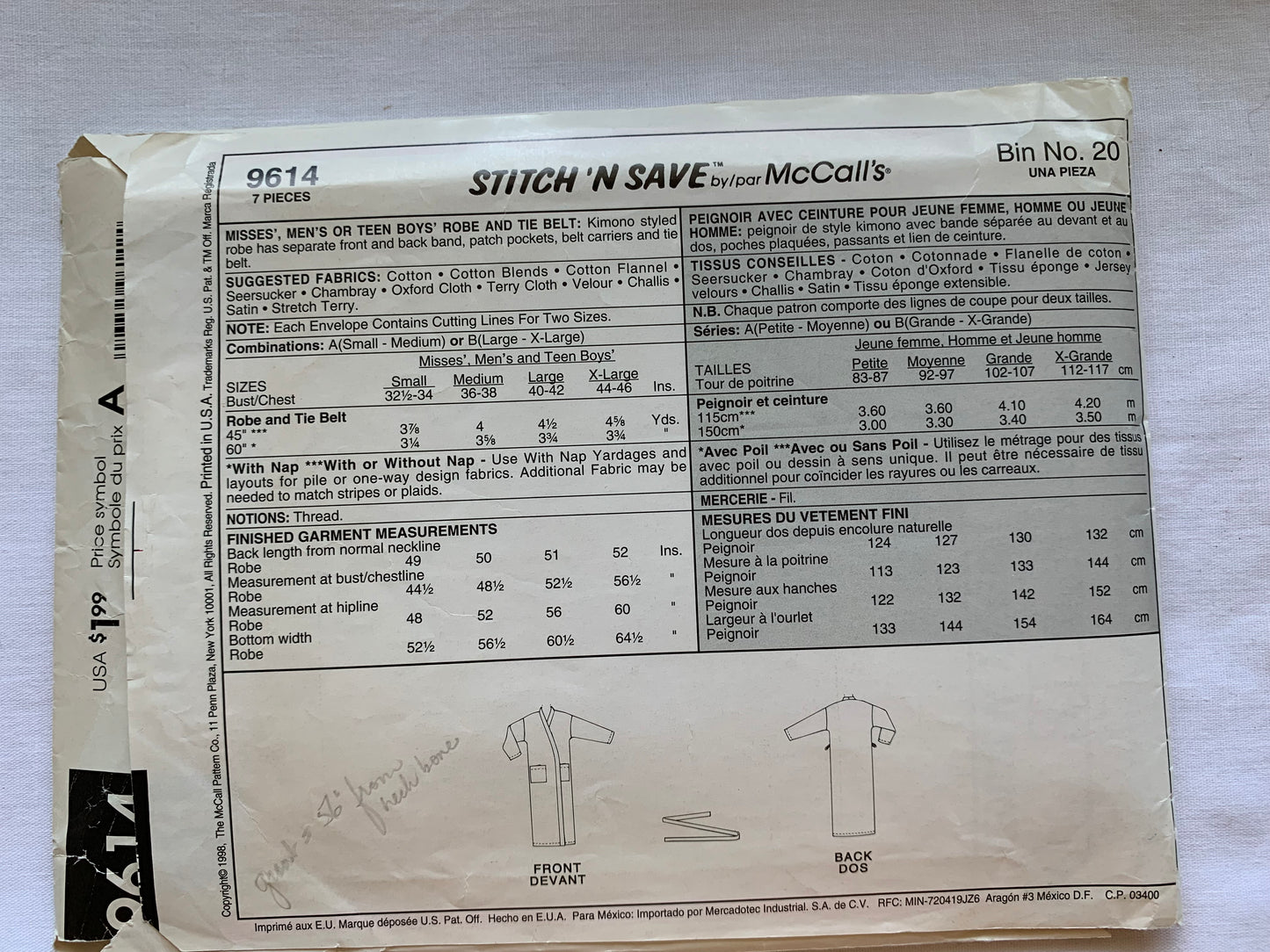 McCall's Sewing Pattern Stitch N Save 9614 Misses'/Men's/Teens' Robe, Tie Belt, Long Sleeves, Kimono, Pockets, Size 44-46, Cut, Vintage 1998