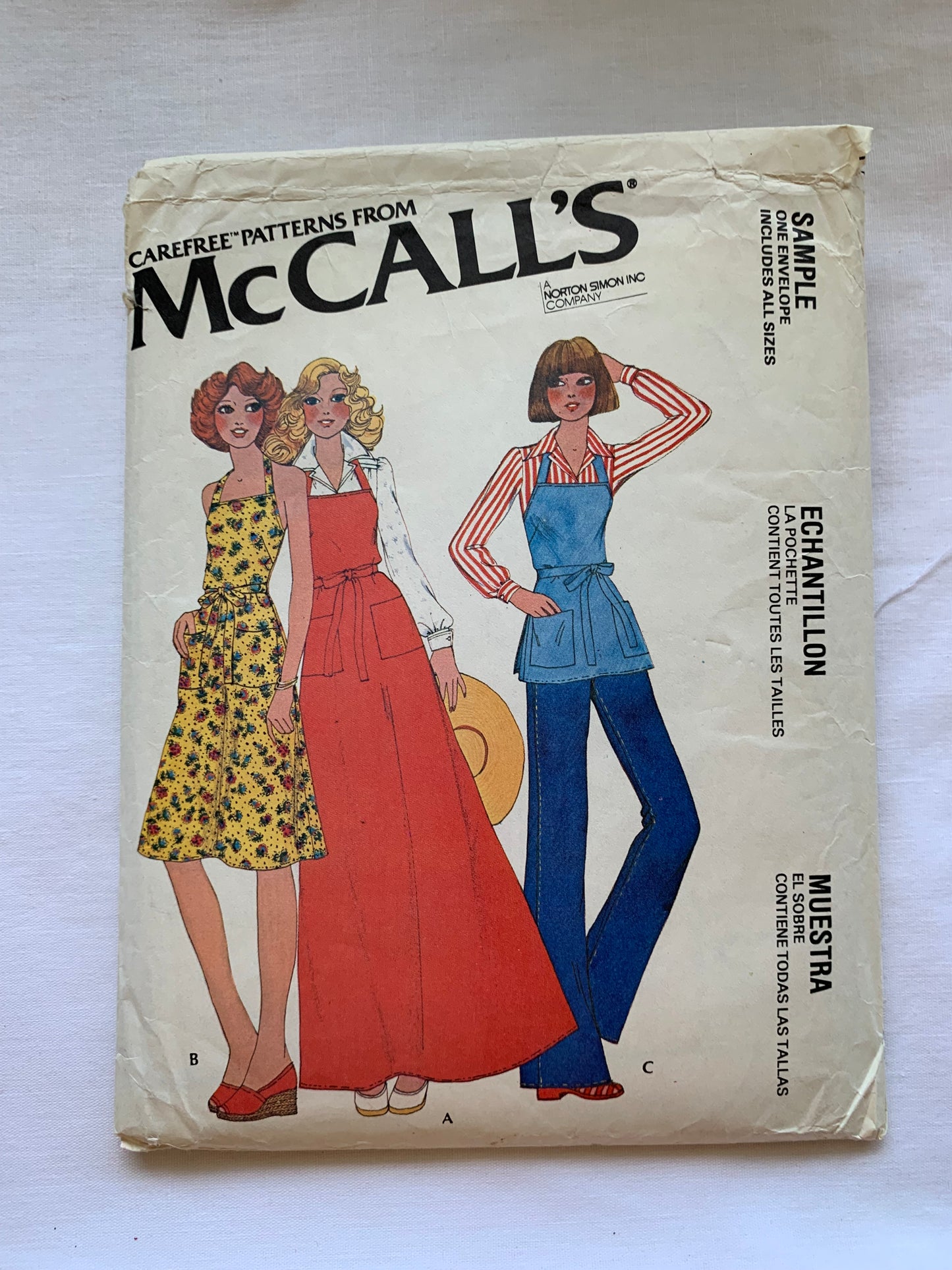 McCall's Sewing Pattern Sample Misses' Back-Wrap Aprons, Pockets, 3 Variations, Tie Back, Size 6-20, Cut, Vintage 1978