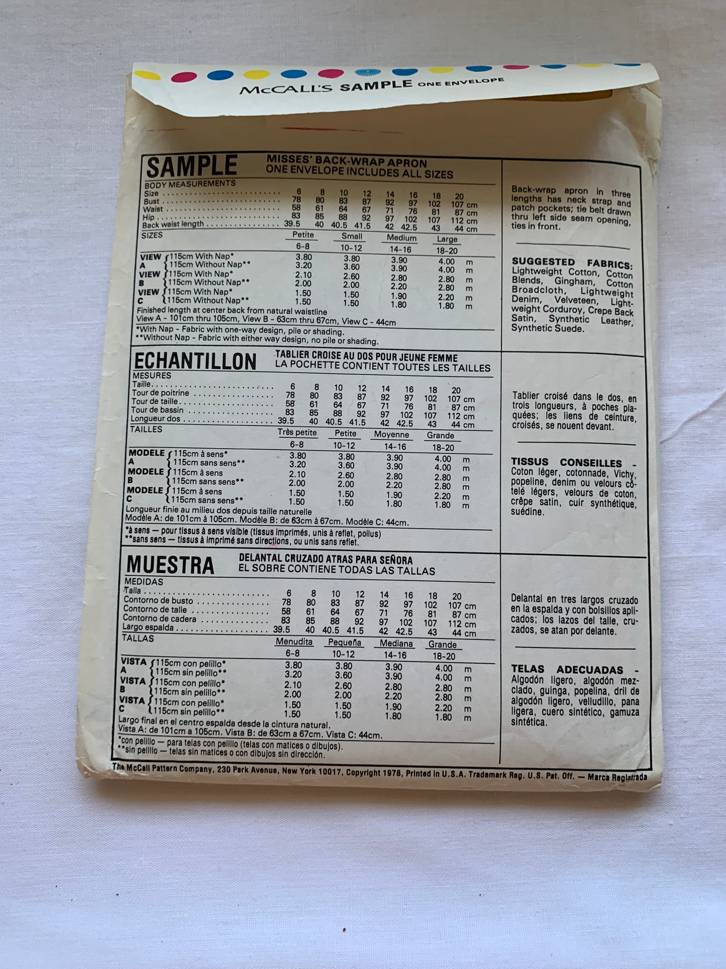 McCall's Sewing Pattern Sample Misses' Back-Wrap Aprons, Pockets, 3 Variations, Tie Back, Size 6-20, Cut, Vintage 1978