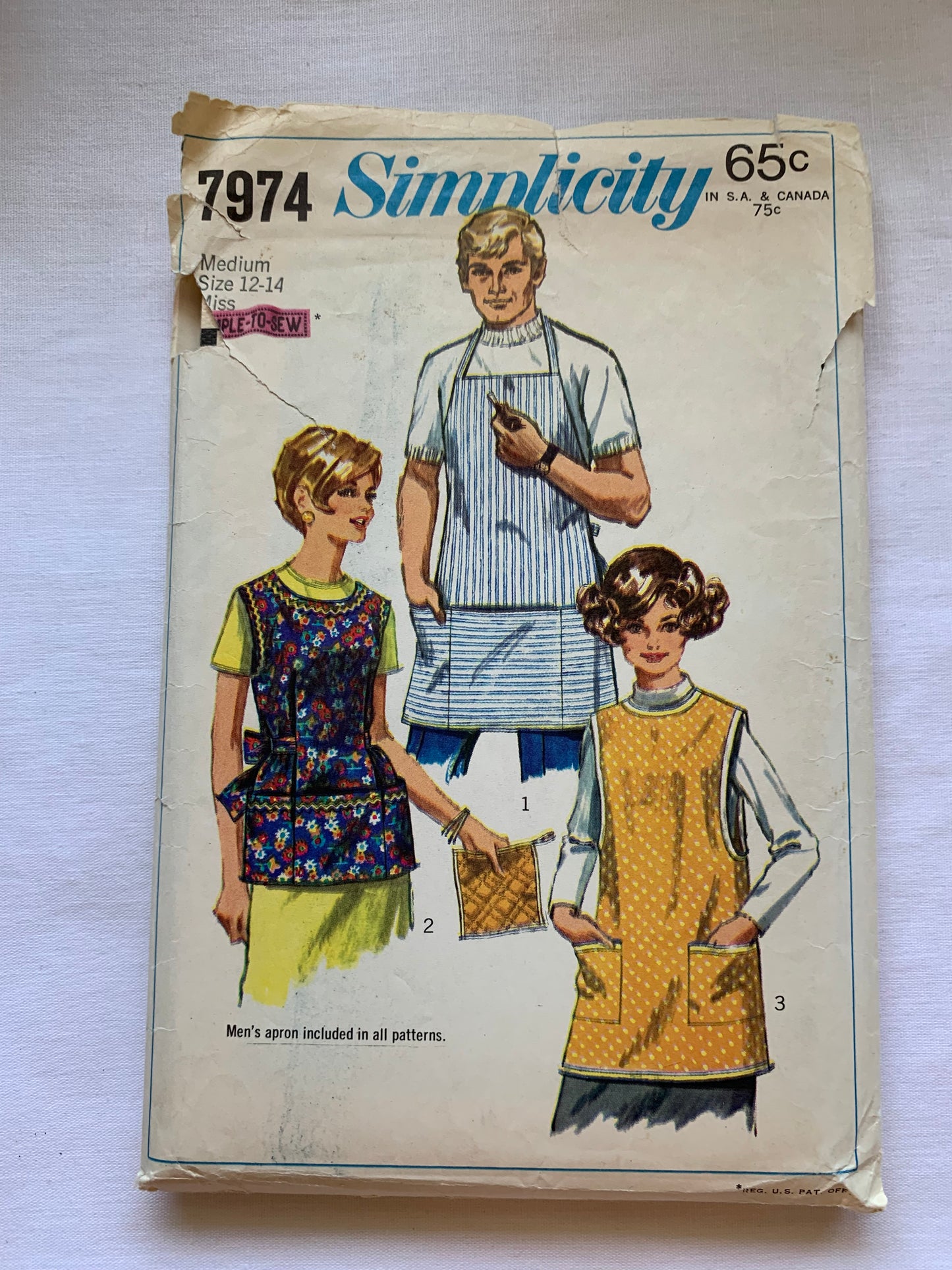 Simplicity Sewing Pattern 7974 Misses'/Men's Bib Aprons, Potholder, Over The Head, Pockets, Back Tie, 3 Variations, Size 12-14, Cut, Vintage 1968