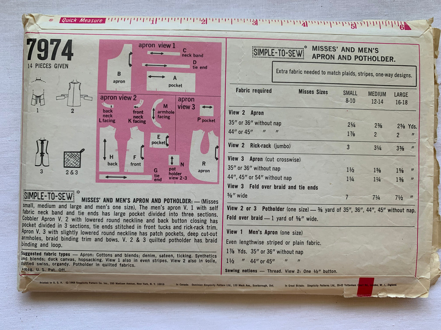 Simplicity Sewing Pattern 7974 Misses'/Men's Bib Aprons, Potholder, Over The Head, Pockets, Back Tie, 3 Variations, Size 12-14, Cut, Vintage 1968