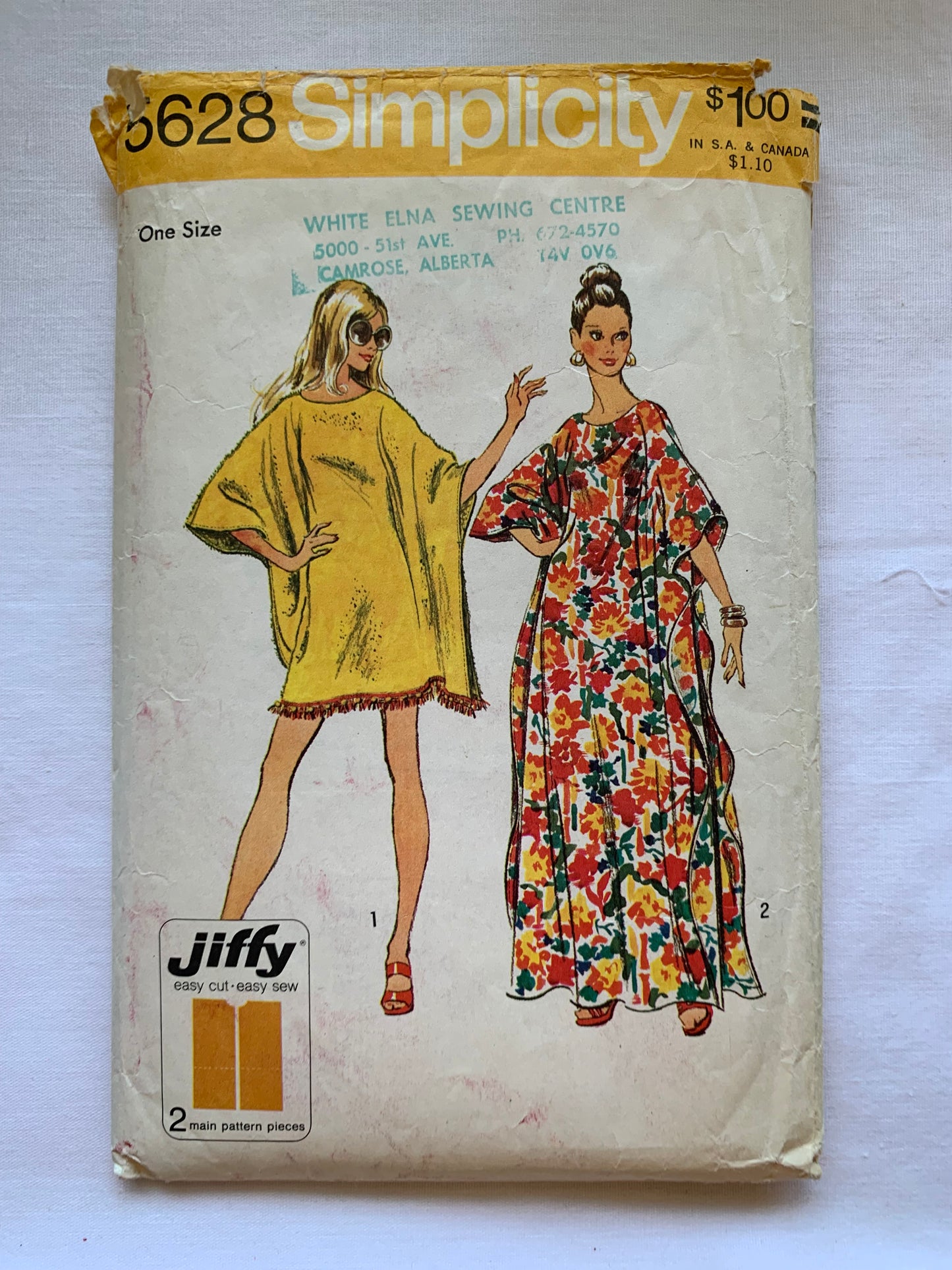 Simplicity Sewing Pattern Jiffy 5628 Misses' Caftans, Two Lengths, Round Neckline, Side Openings, One Size, Cut, Vintage 1973