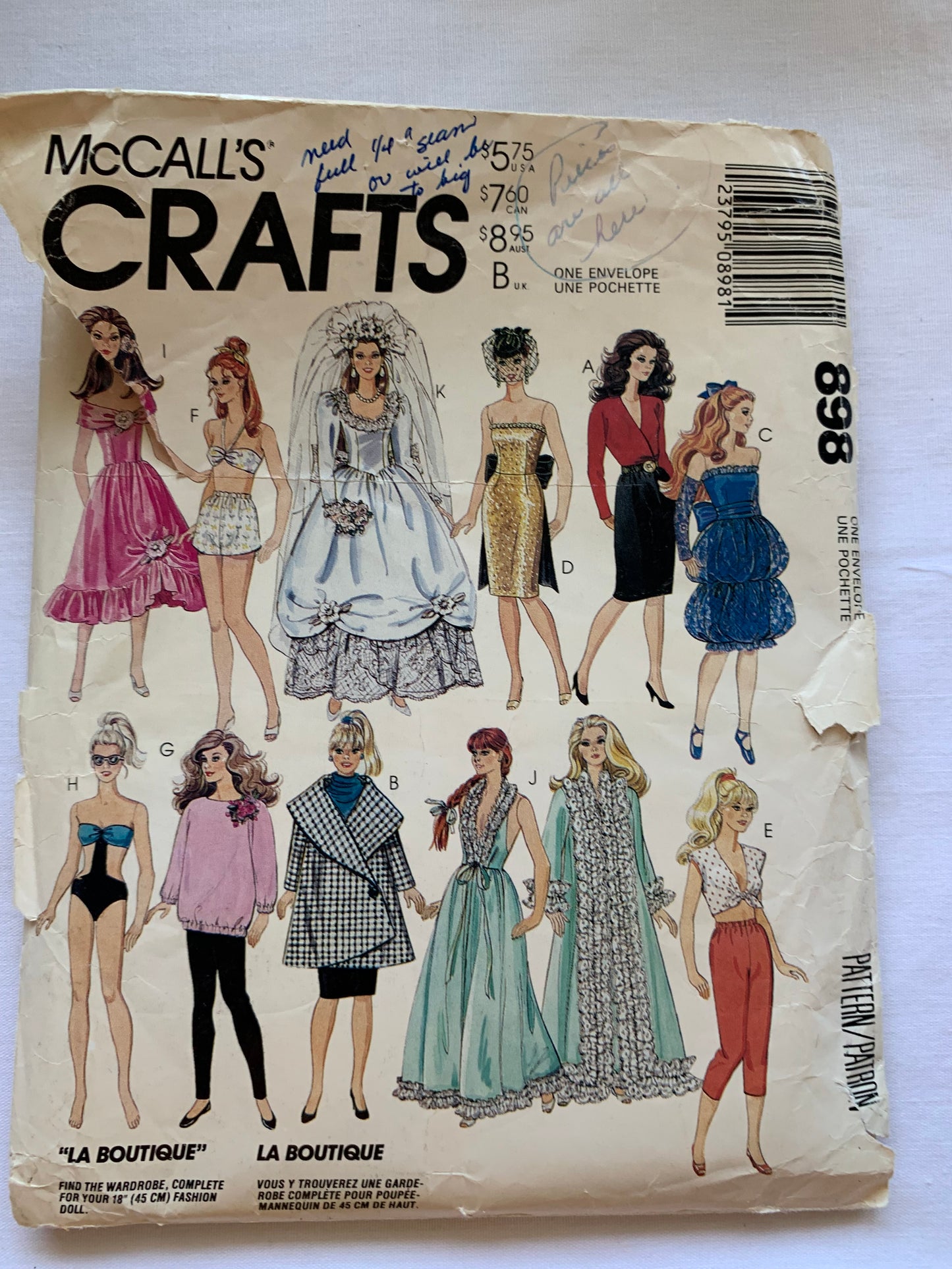 McCall's Sewing Pattern 898 Crafts, Doll Wardrobe, Accessories, Clothes, 11-12 Inch Doll, Skirt, Top, Scarf, Shorts, Pants, Bathing Suit, Wedding Gown, Bra, Cut, Vintage 1988