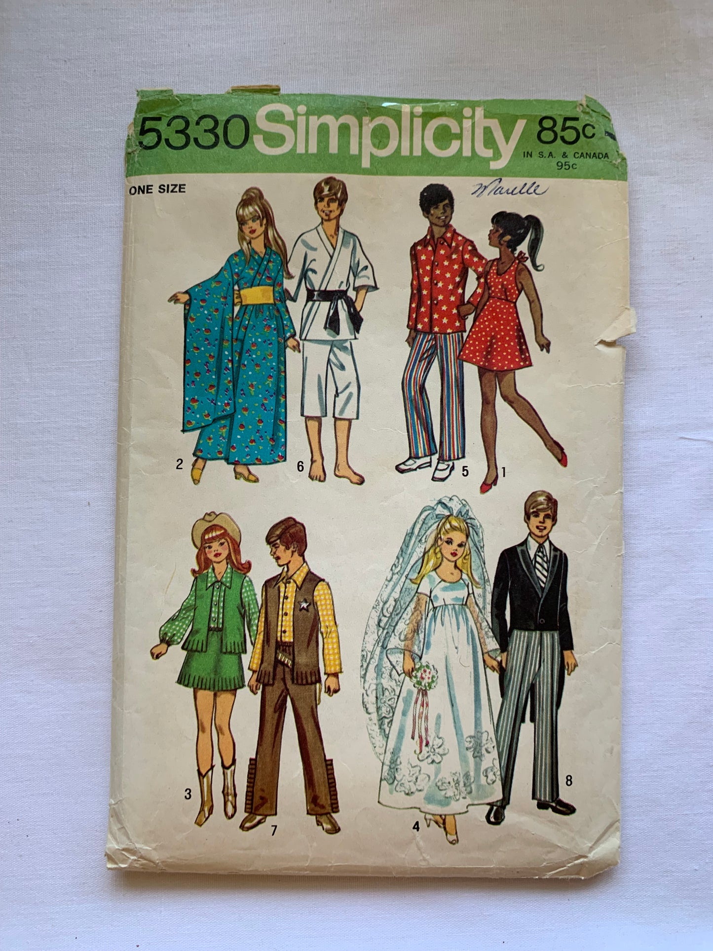 Simplicity Sewing Pattern 5330 Girl/Boy 11 1/2 Inch Fashion Dolls, Dress, Kimono, Blouse, Shirt, Pants, Cut, Vintage 1972