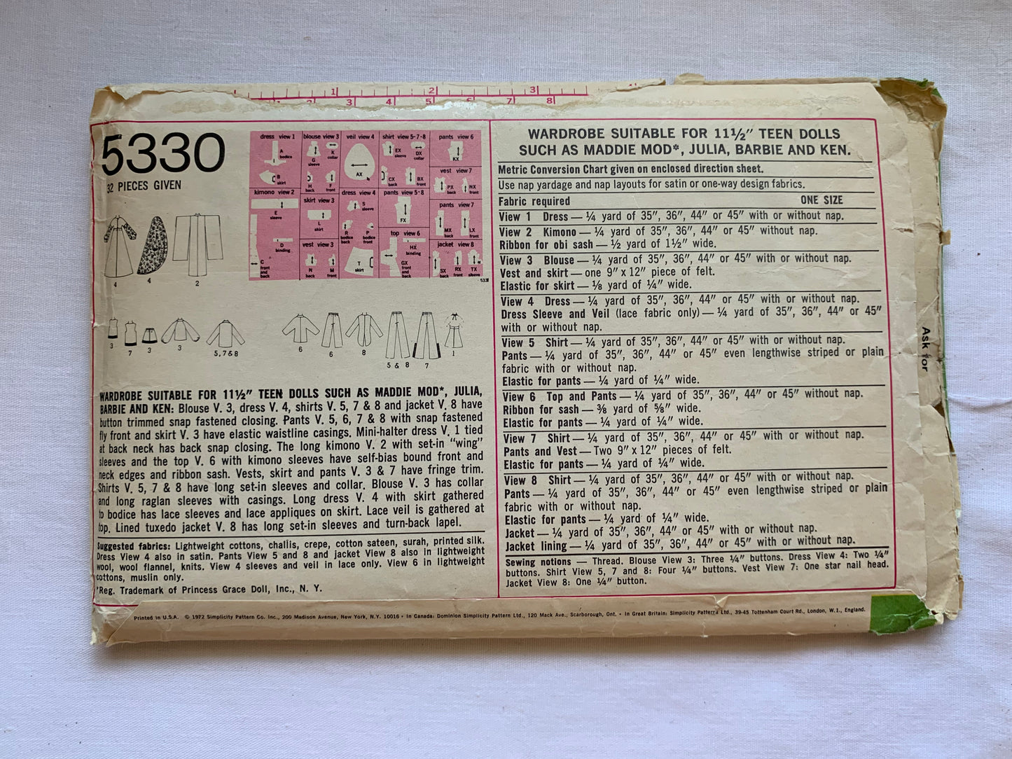 Simplicity Sewing Pattern 5330 Girl/Boy 11 1/2 Inch Fashion Dolls, Dress, Kimono, Blouse, Shirt, Pants, Cut, Vintage 1972